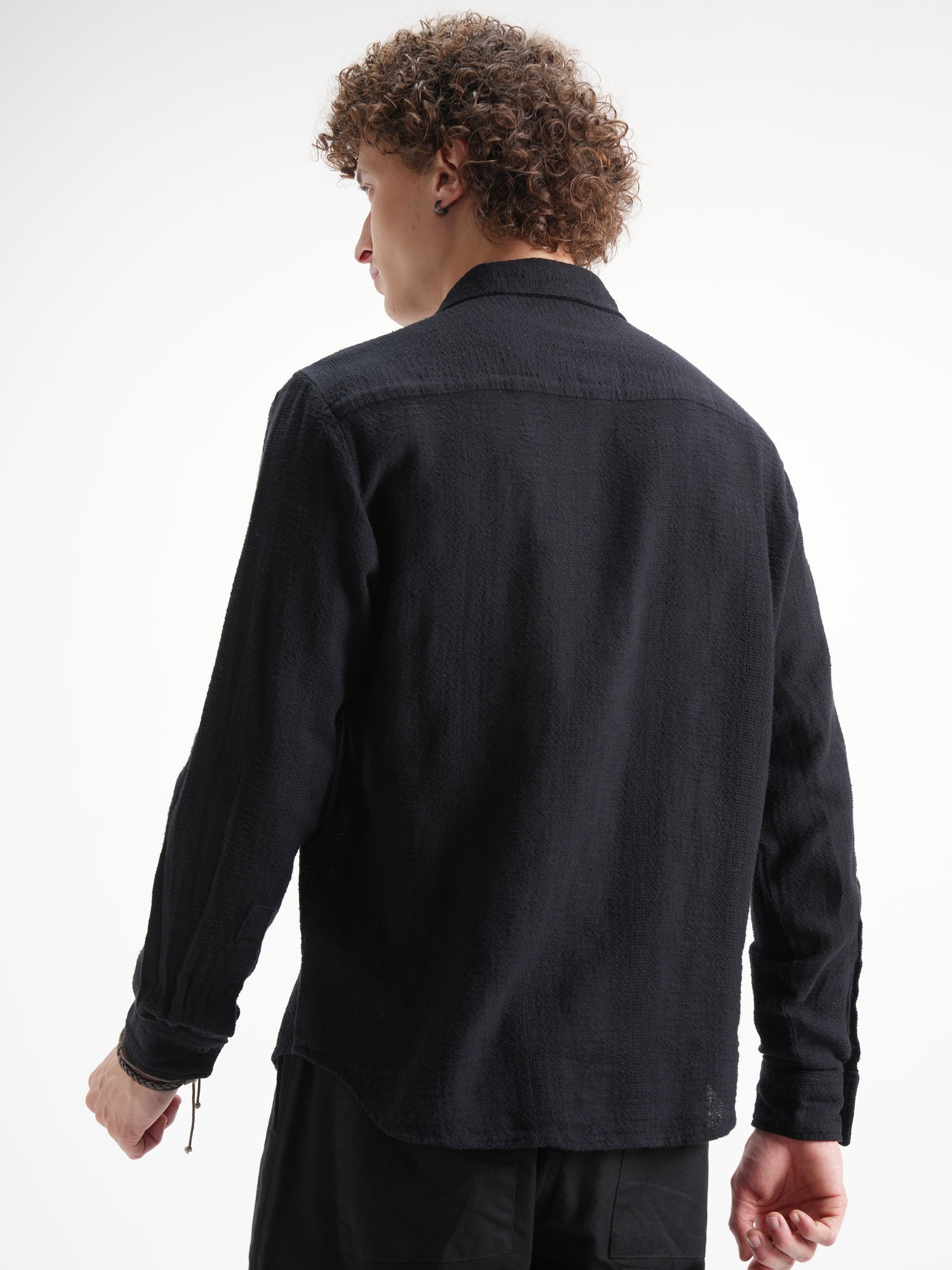 Highlander Men Black Self Design Relaxed Fit Casual Shirt - Black - Image 3