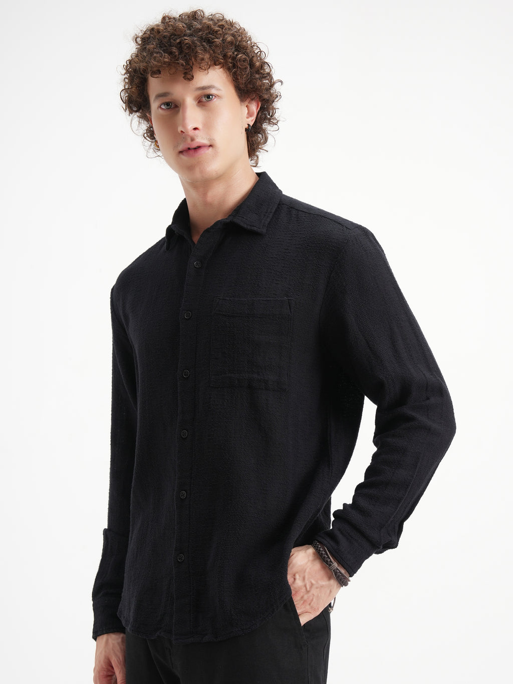 Highlander Men Black Self Design Relaxed Fit Casual Shirt - Black - Image 4