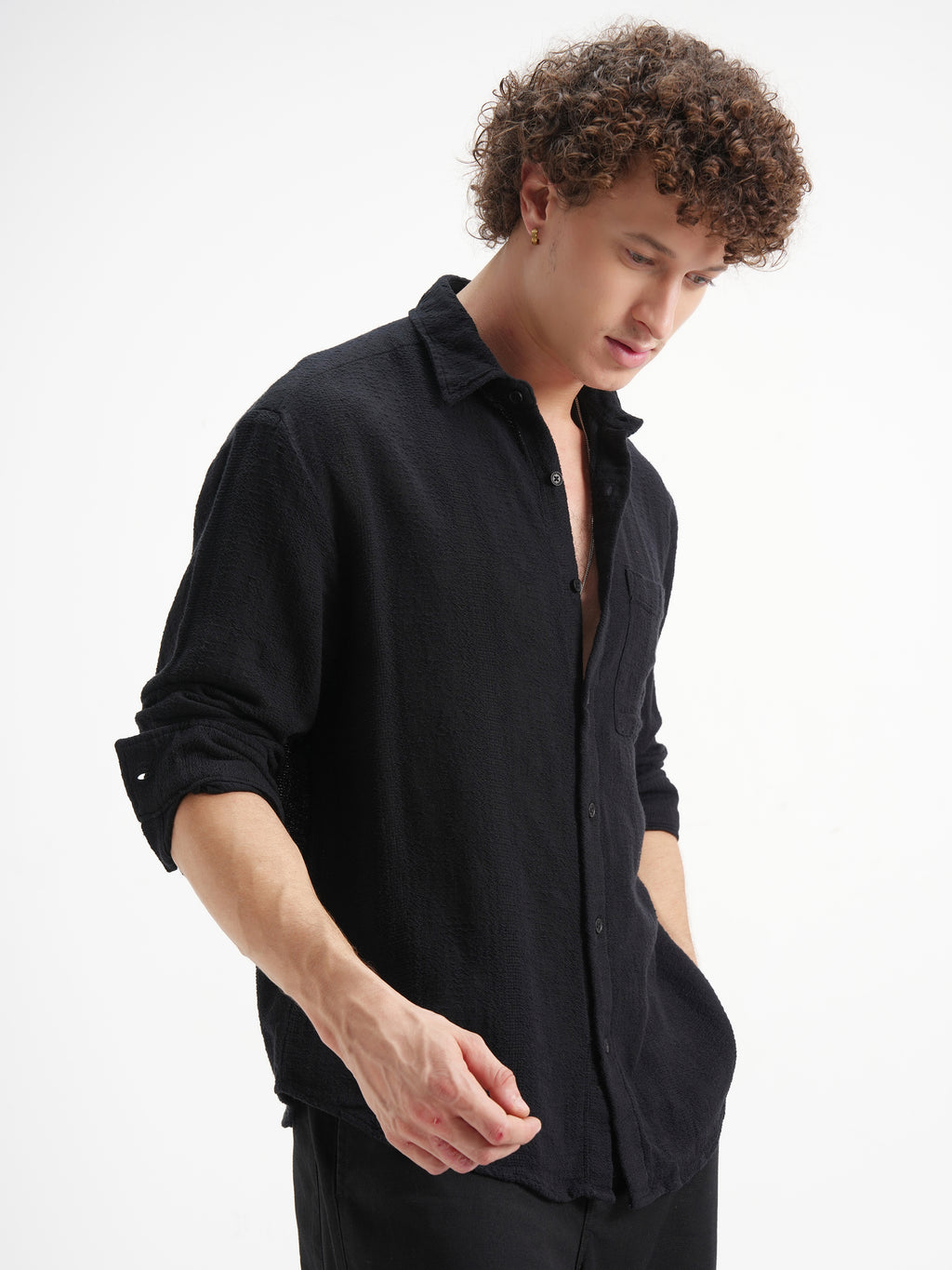 Highlander Men Black Self Design Relaxed Fit Casual Shirt - Black - Image 6