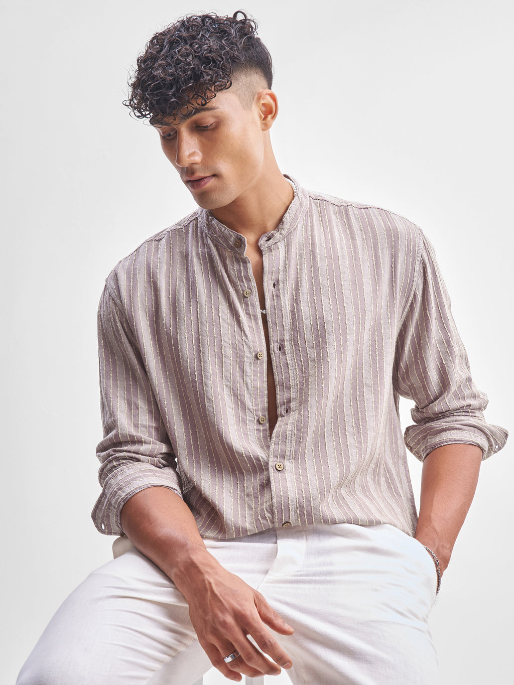 Highlander Men Lavender Striped Relaxed Fit Casual Shirt - Lavender - Image 1