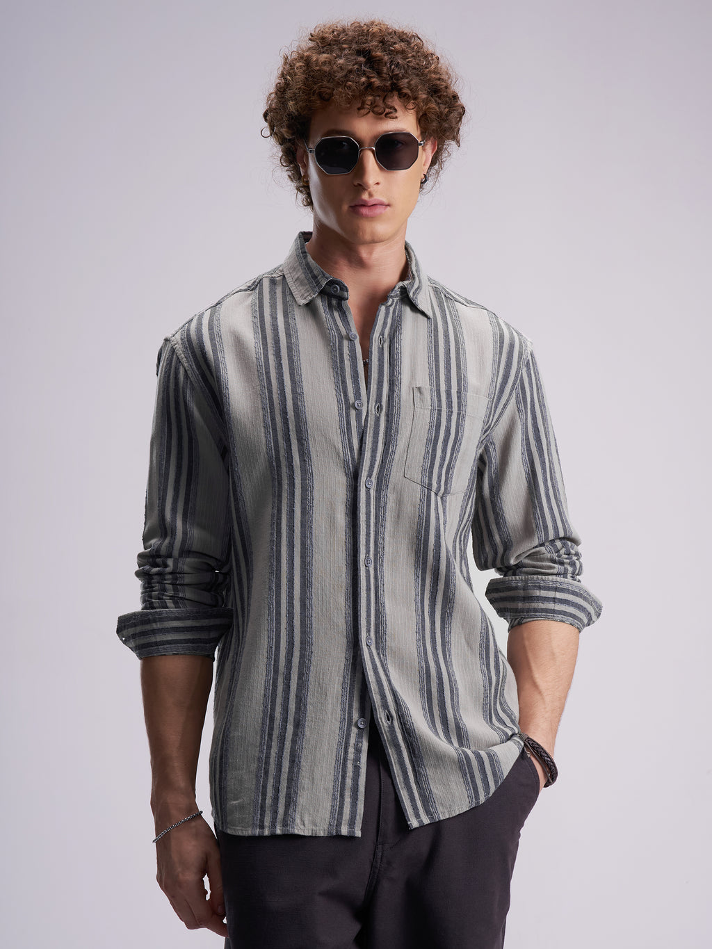 Highlander Men Grey Striped Relaxed Fit Casual Shirt - Grey - Image 1