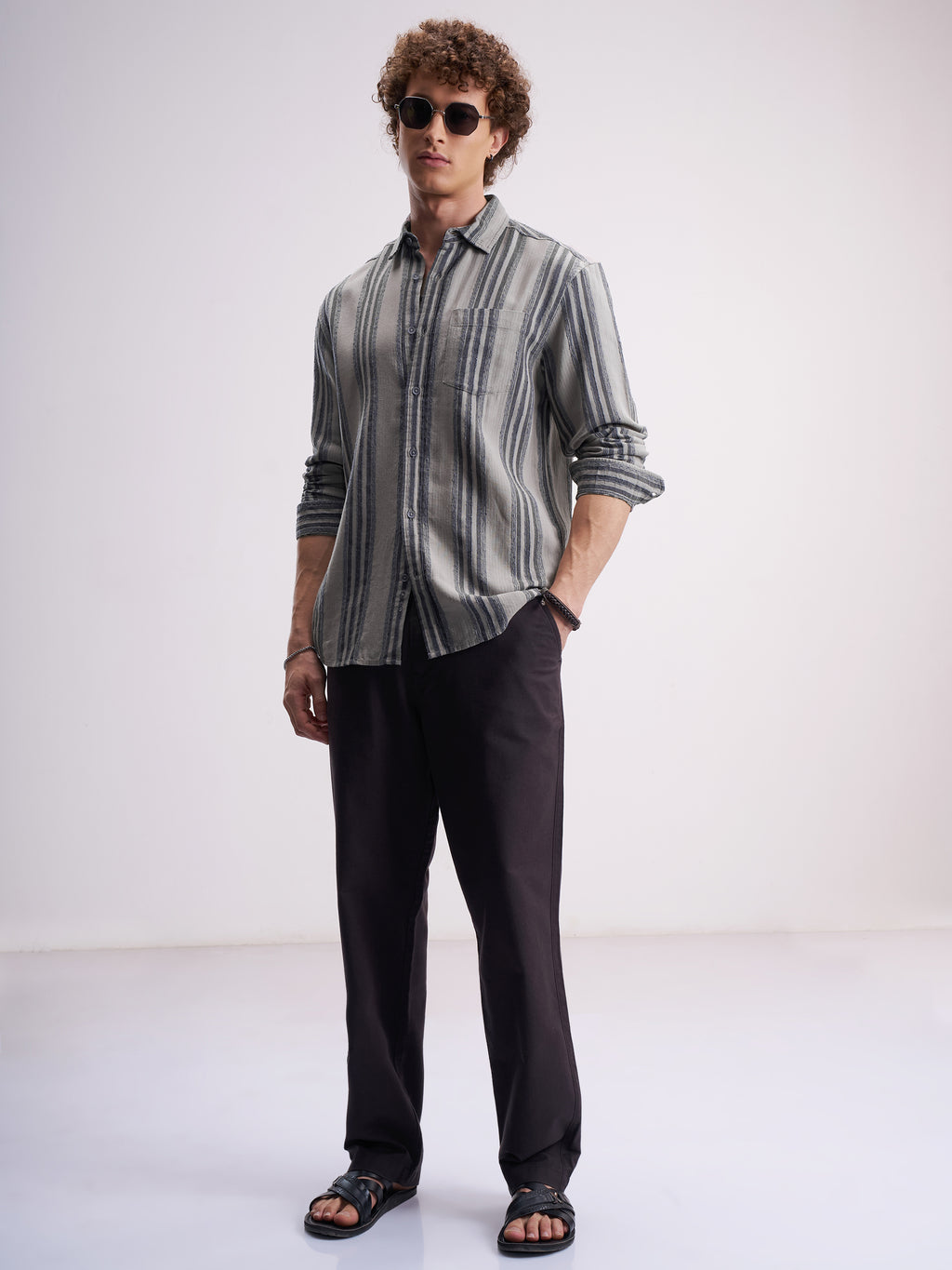 Highlander Men Grey Striped Relaxed Fit Casual Shirt - Grey - Image 2