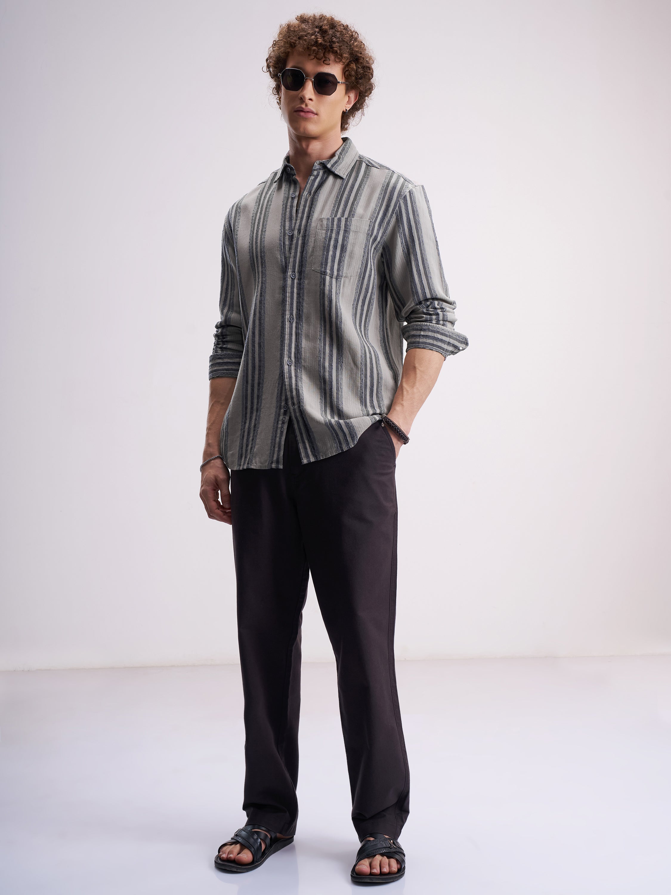 Highlander Men Grey Striped Relaxed Fit Casual Shirt - Grey - Image 2