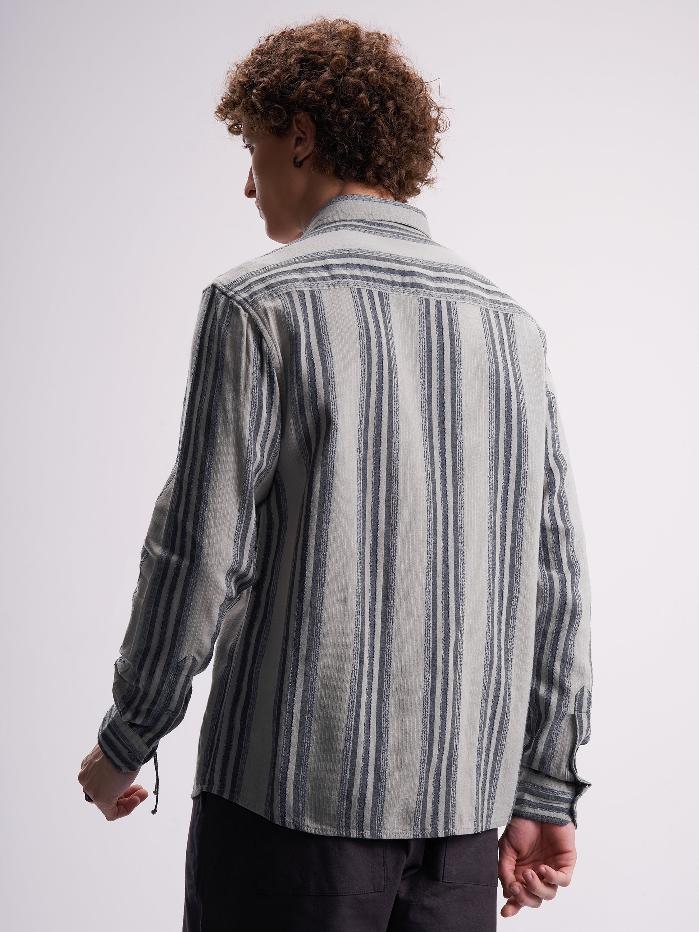 Highlander Men Grey Striped Relaxed Fit Casual Shirt - Grey - Image 3