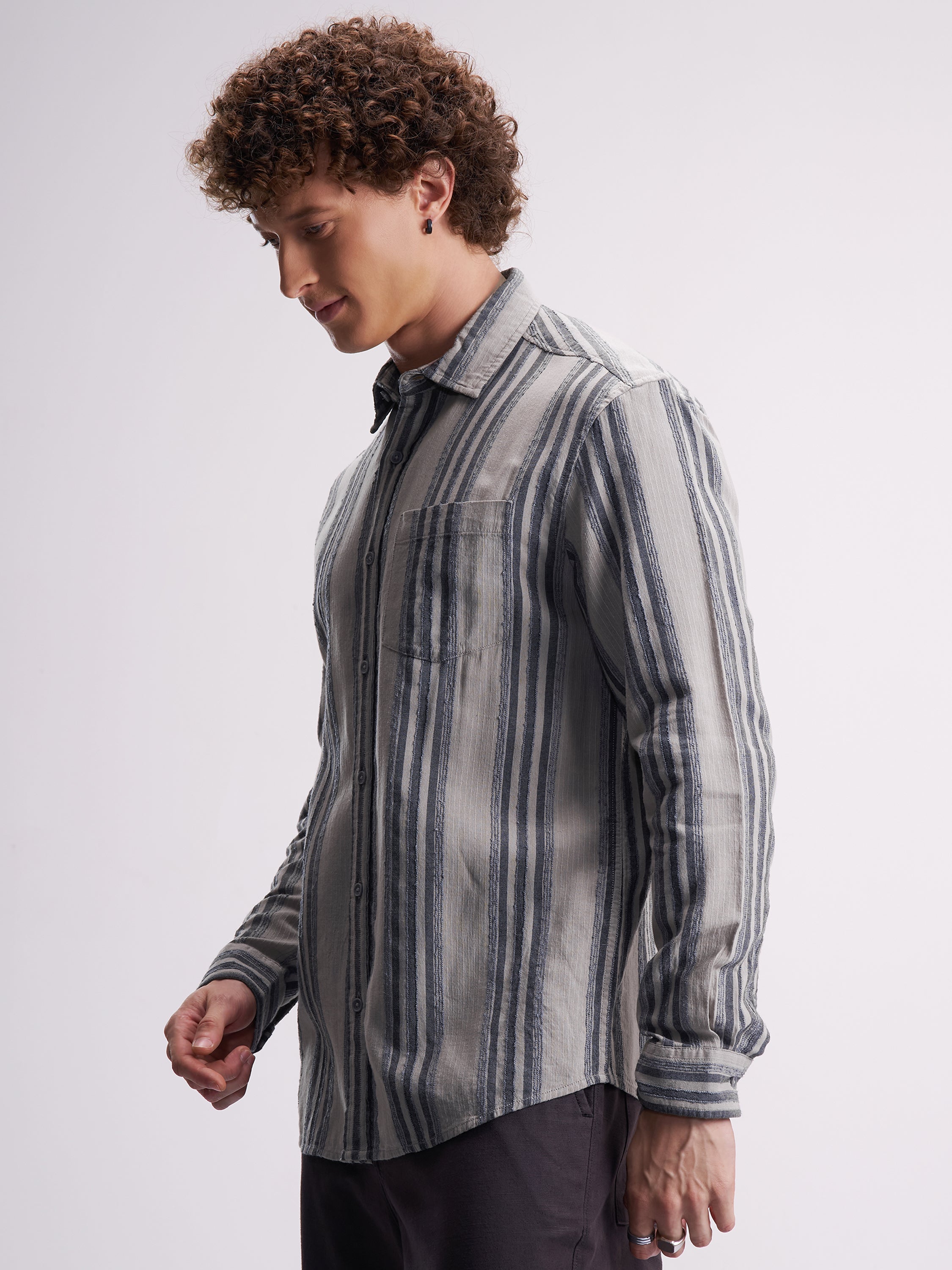 Highlander Men Grey Striped Relaxed Fit Casual Shirt - Grey - Image 4