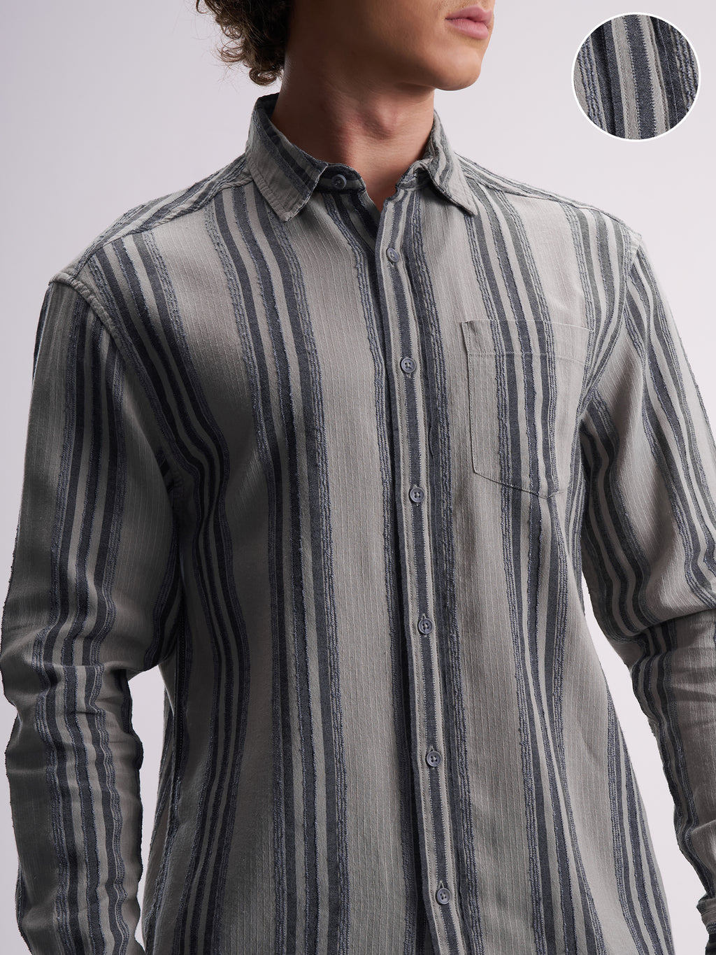 Highlander Men Grey Striped Relaxed Fit Casual Shirt - Grey - Image 5