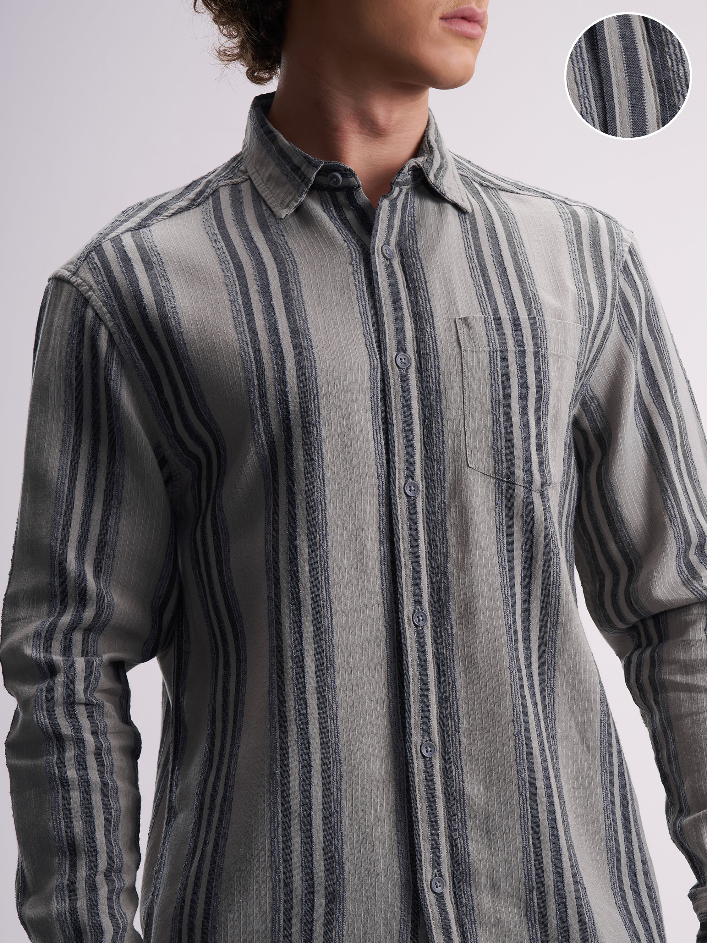 Highlander Men Grey Striped Relaxed Fit Casual Shirt - Grey - Image 5