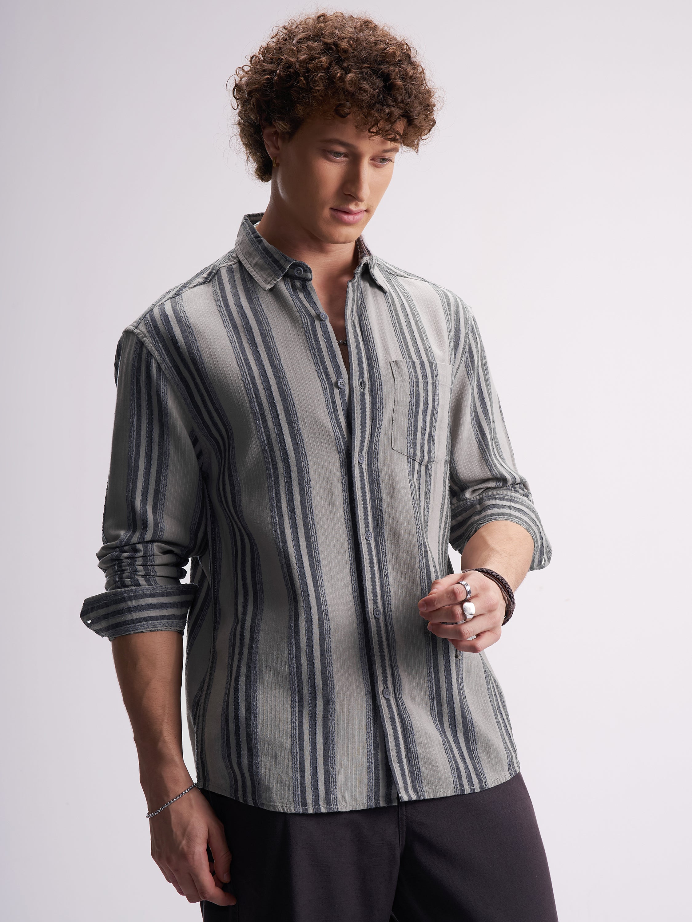 Highlander Men Grey Striped Relaxed Fit Casual Shirt - Grey - Image 6
