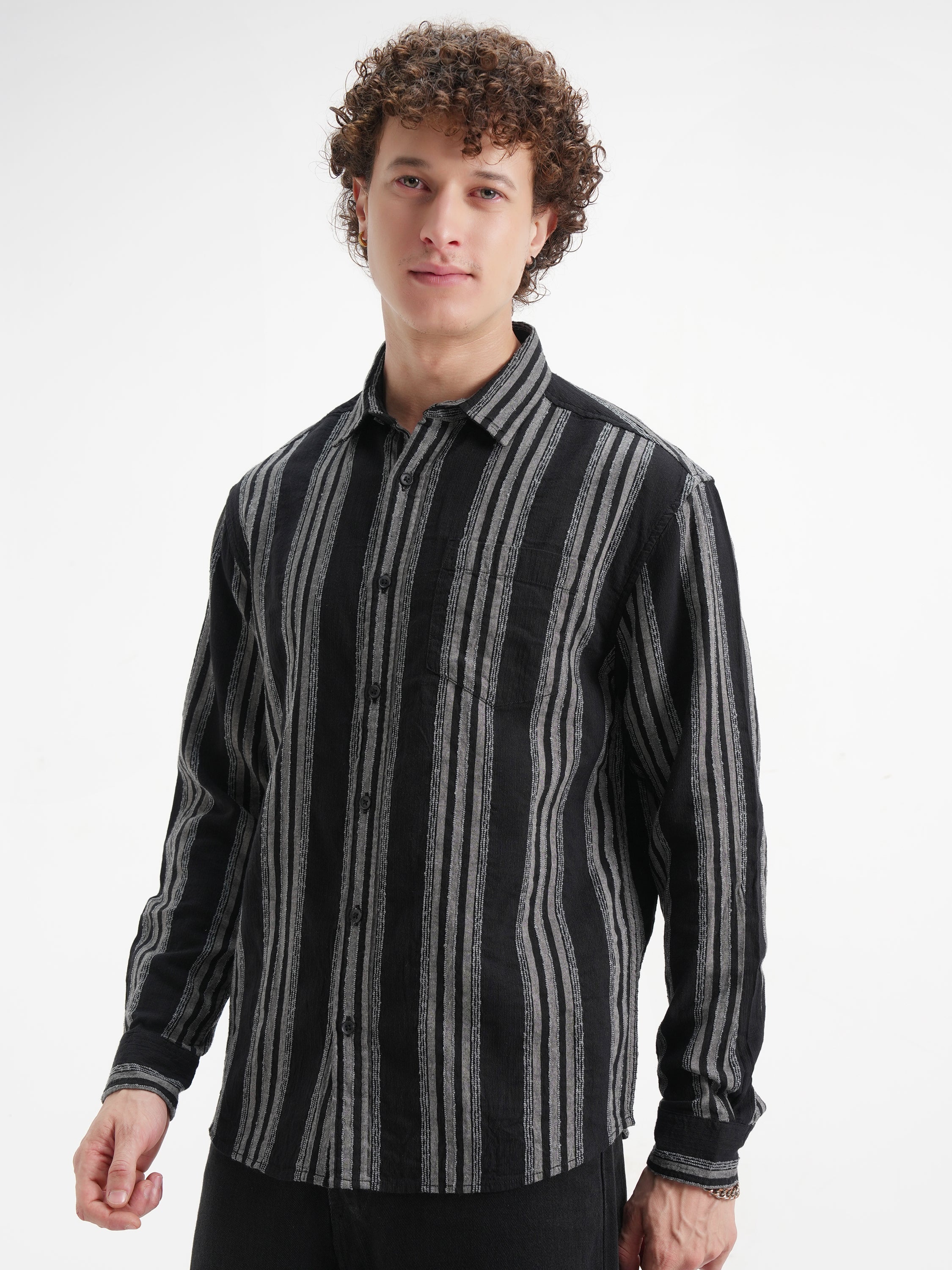 Highlander Men Black Striped Relaxed Fit Casual Shirt - Black - Image 4