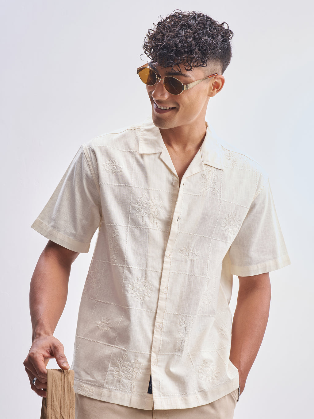 Highlander Men Cream Self Design Relaxed Fit Casual Shirt - Cream - Image 1