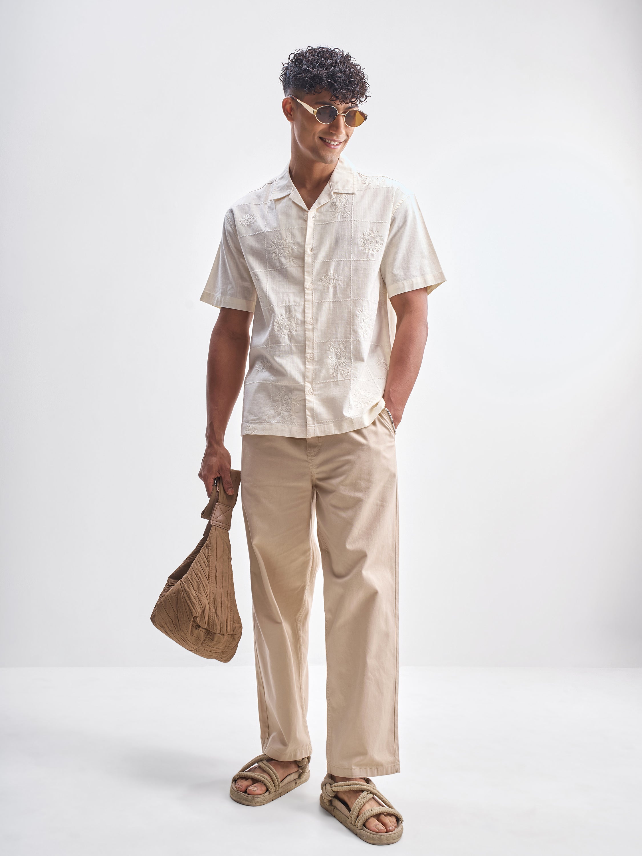 Highlander Men Cream Self Design Relaxed Fit Casual Shirt - Cream - Image 2