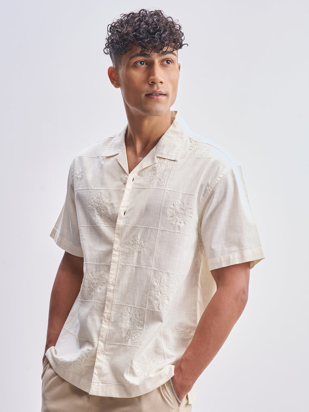 Highlander Men Cream Self Design Relaxed Fit Casual Shirt - Cream - Image 4