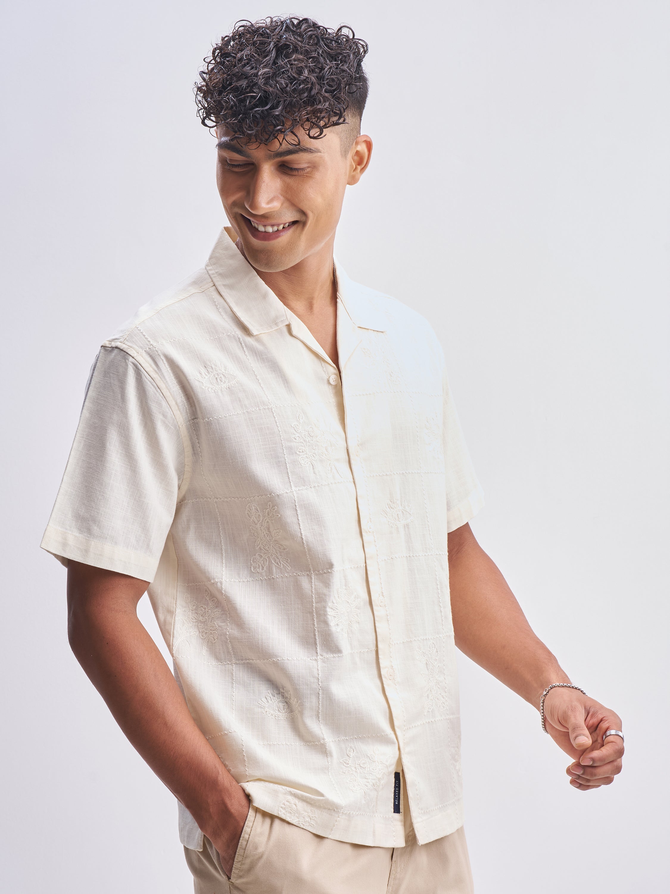 Highlander Men Cream Self Design Relaxed Fit Casual Shirt - Cream - Image 6