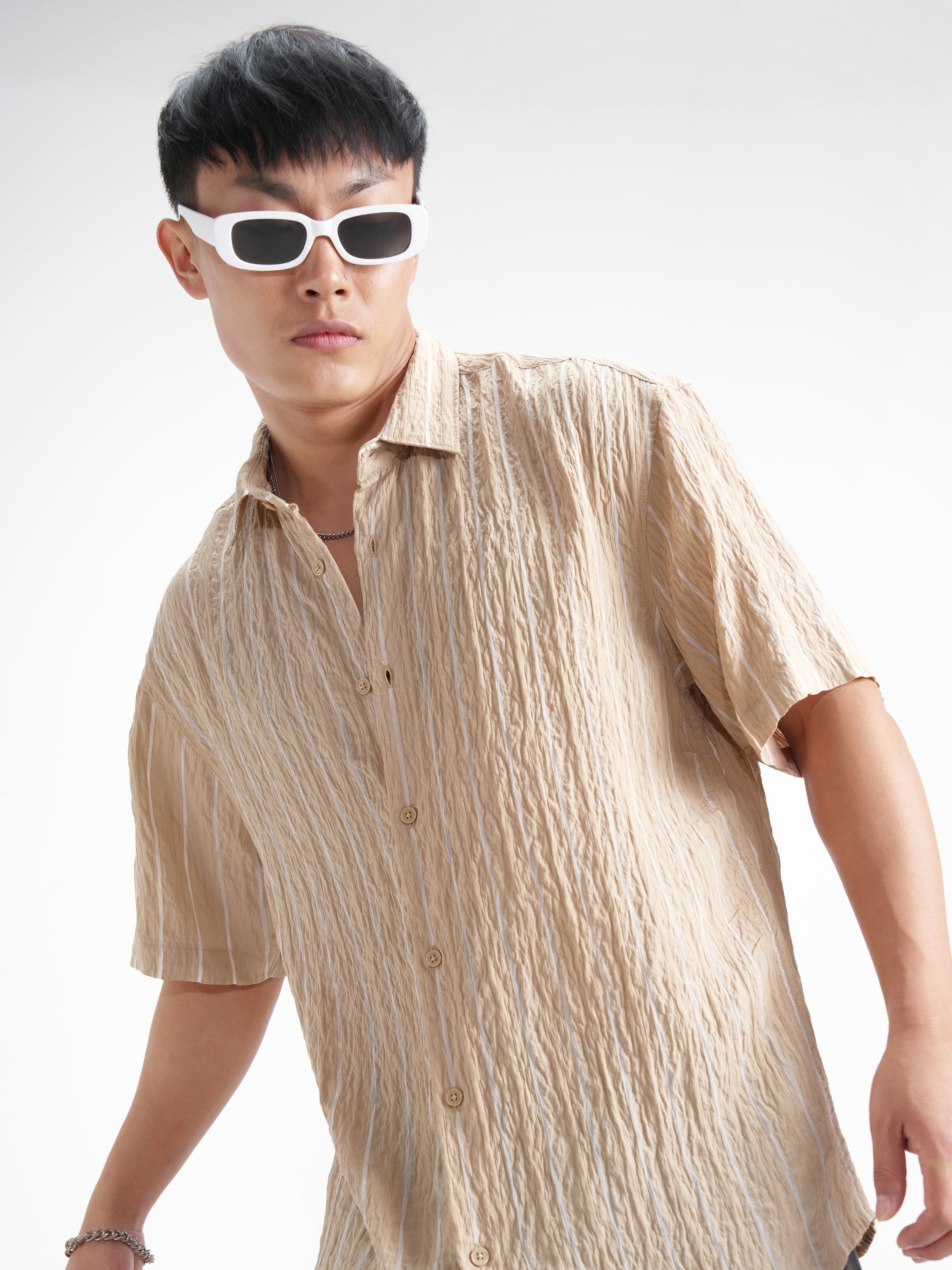 Highlander Men Beige Crushed Relaxed Fit Casual Shirt - Beige - Image 1