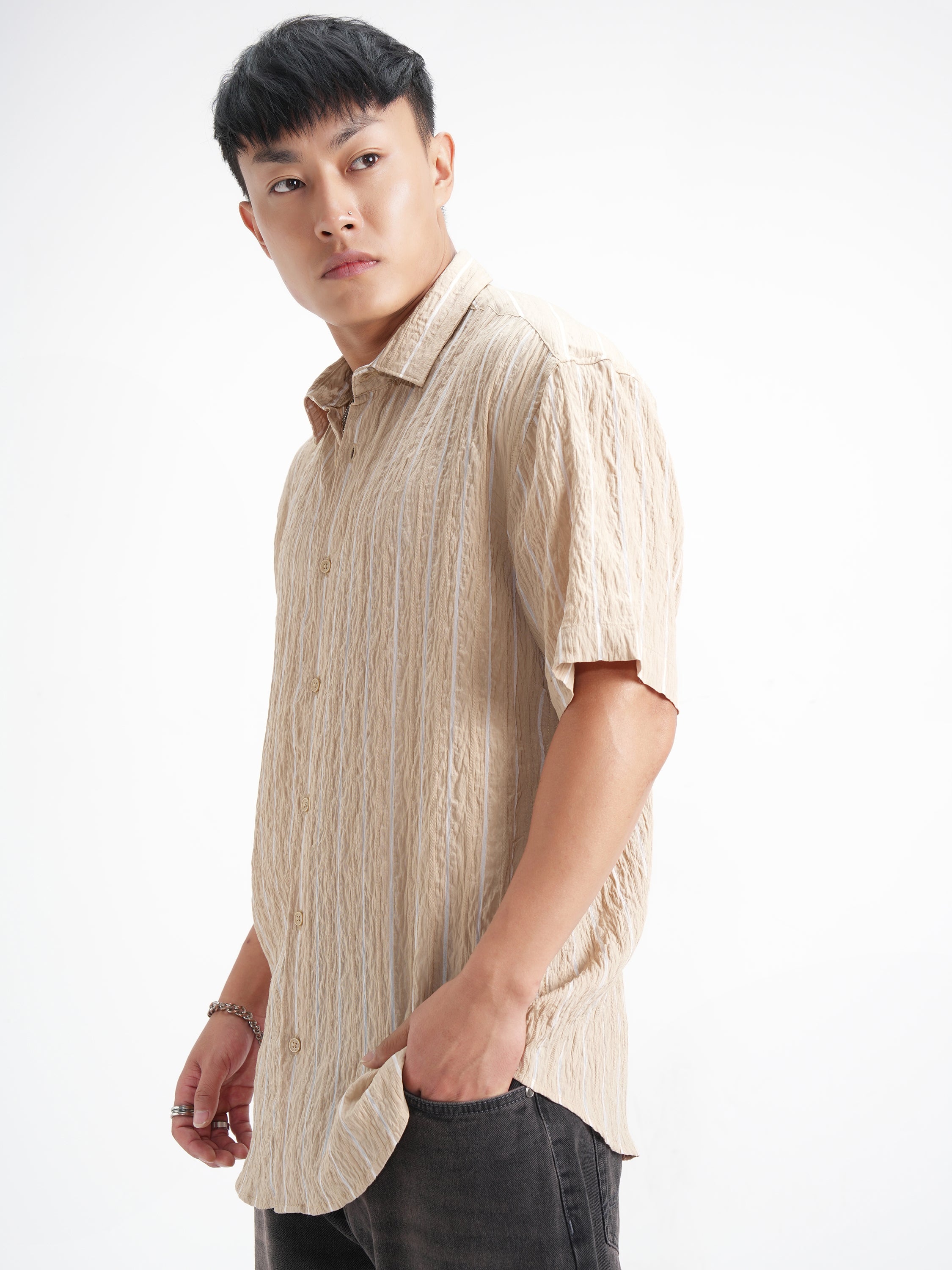 Highlander Men Beige Crushed Relaxed Fit Casual Shirt - Beige - Image 4