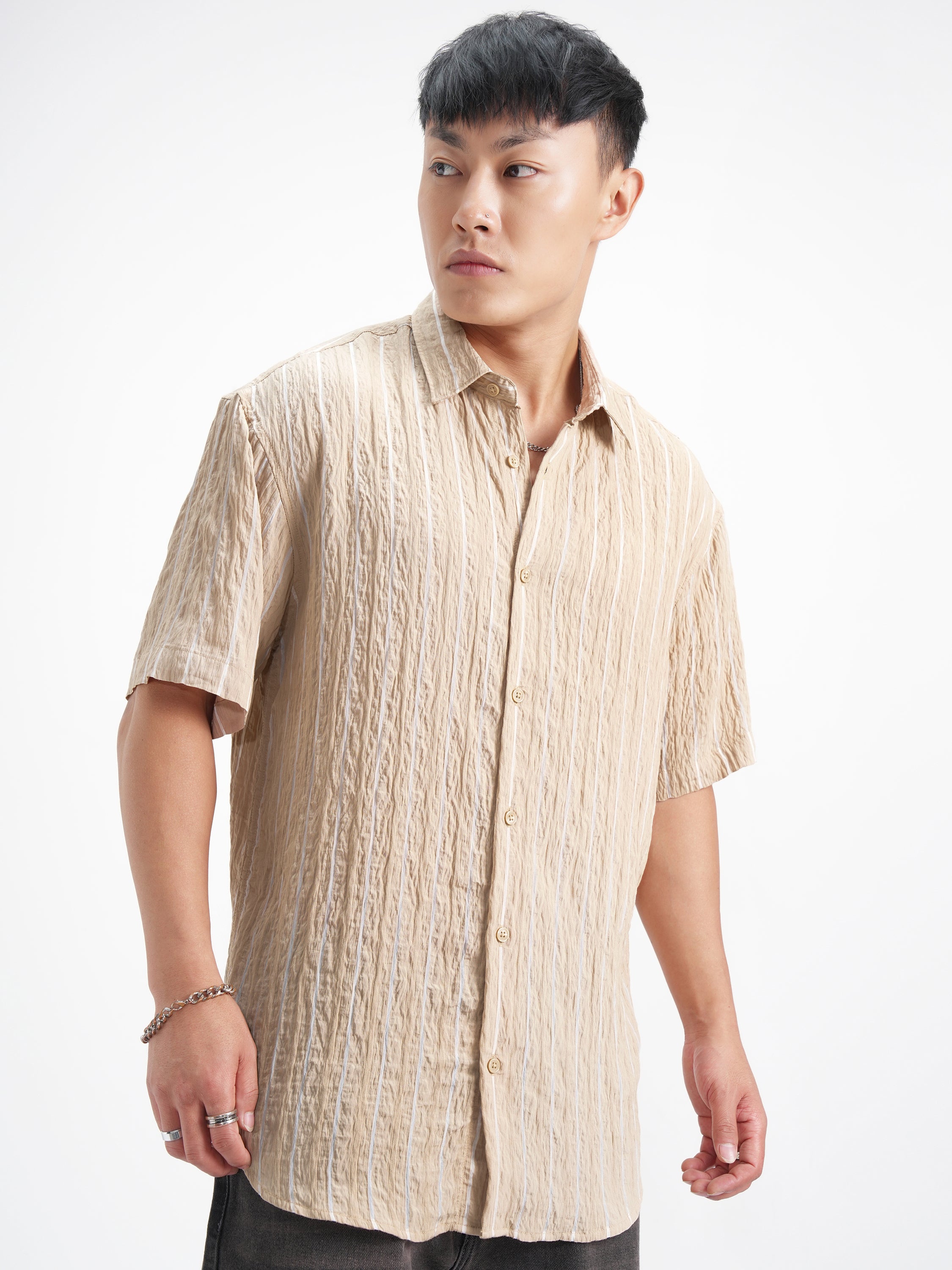 Highlander Men Beige Crushed Relaxed Fit Casual Shirt - Beige - Image 6