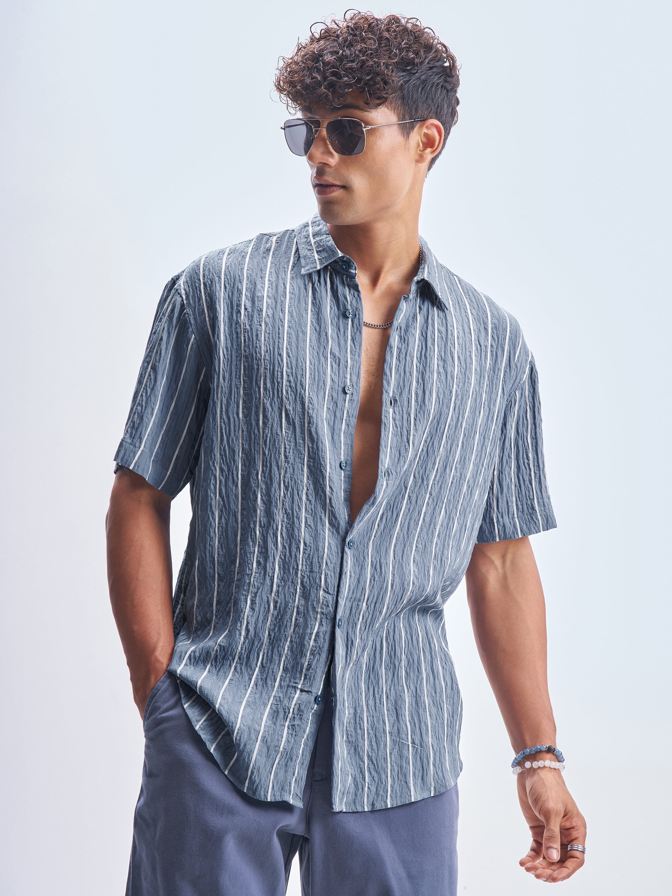 Highlander Men Blue Striped Relaxed Fit Casual Shirt - Blue - Image 1