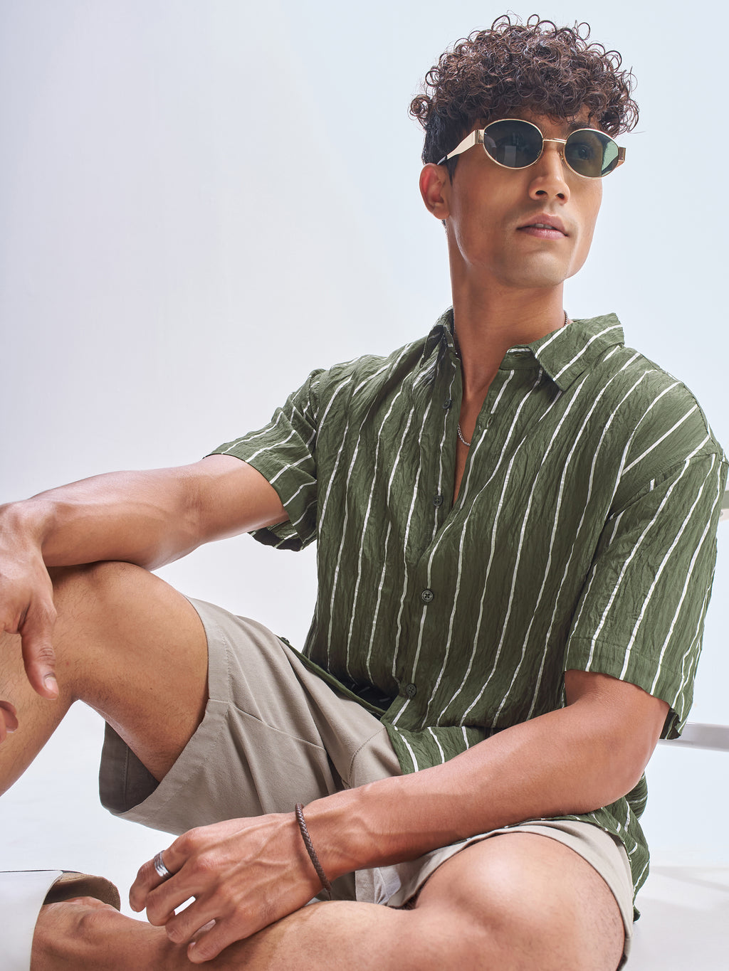 Highlander Men Olive Striped Relaxed Fit Casual Shirt - Olive - Image 1
