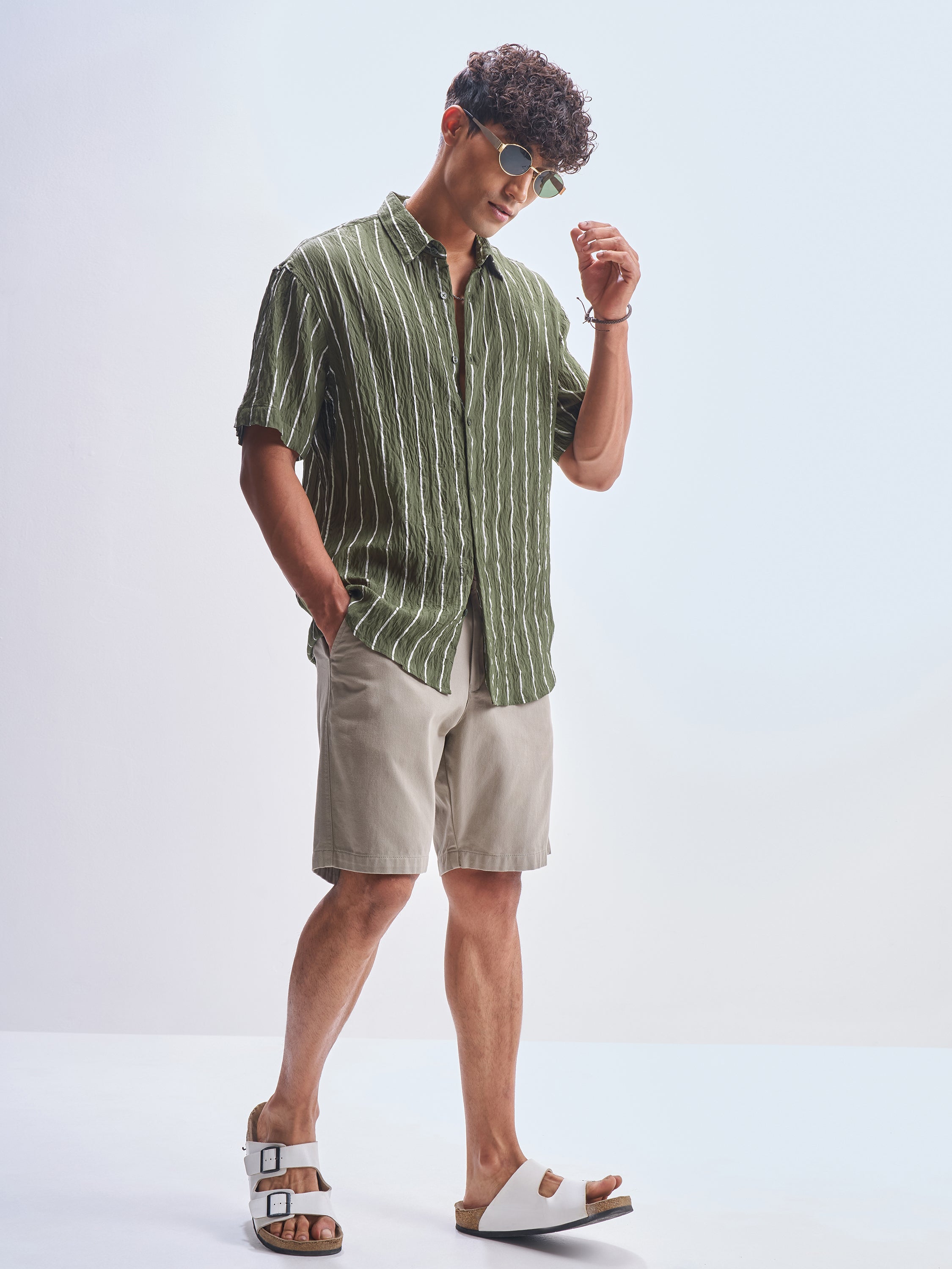 Highlander Men Olive Striped Relaxed Fit Casual Shirt - Olive - Image 2