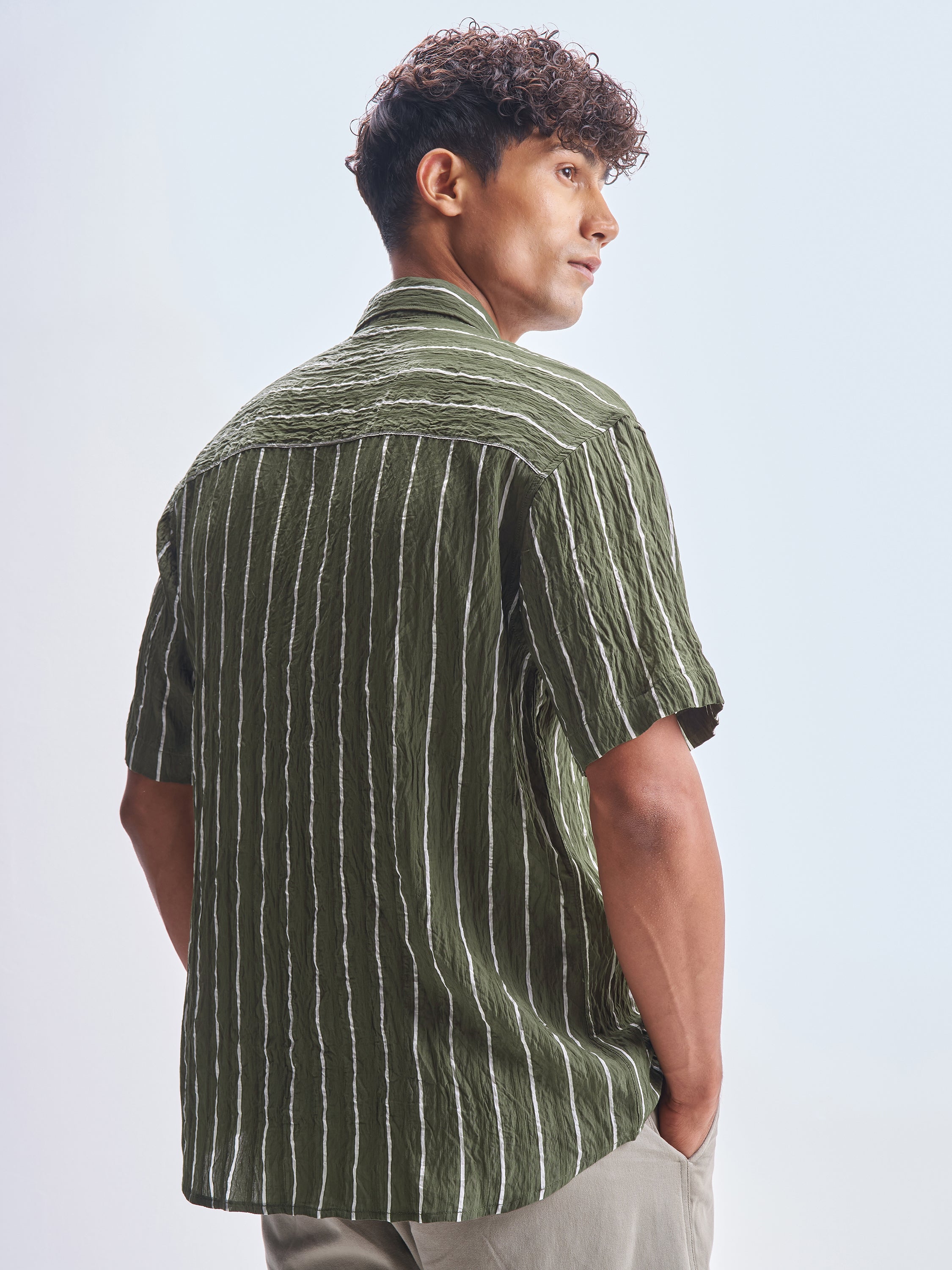 Highlander Men Olive Striped Relaxed Fit Casual Shirt - Olive - Image 3