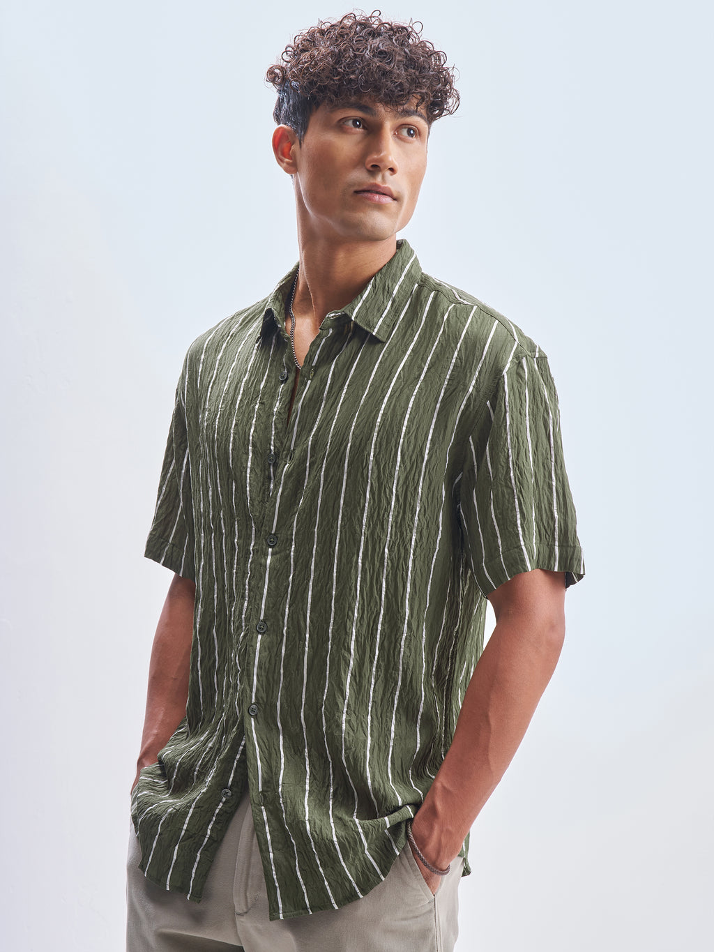Highlander Men Olive Striped Relaxed Fit Casual Shirt - Olive - Image 4