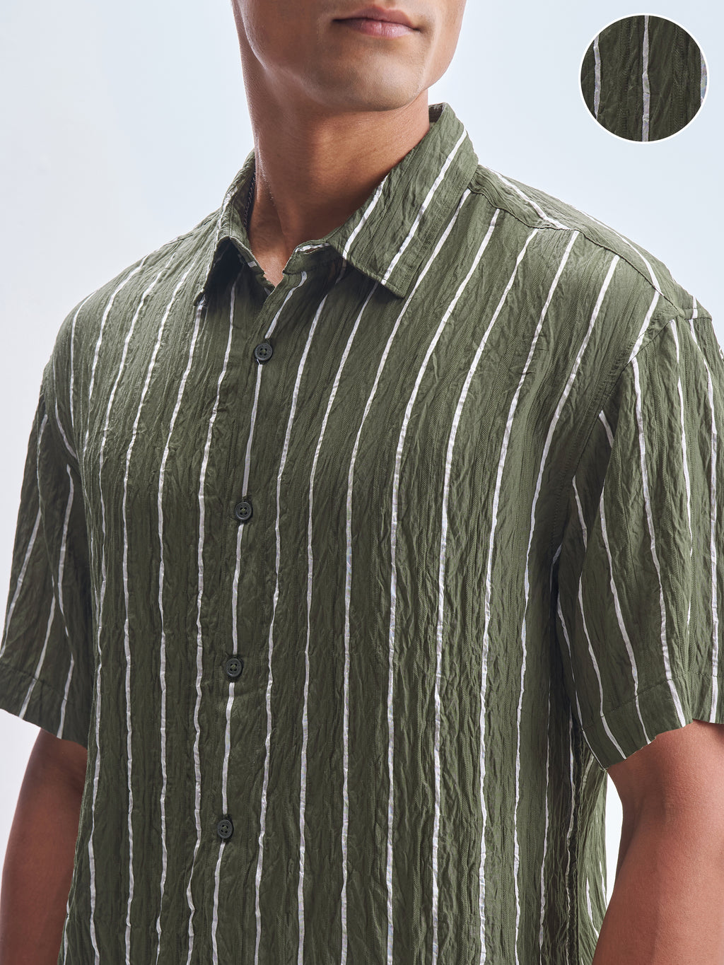 Highlander Men Olive Striped Relaxed Fit Casual Shirt - Olive - Image 5