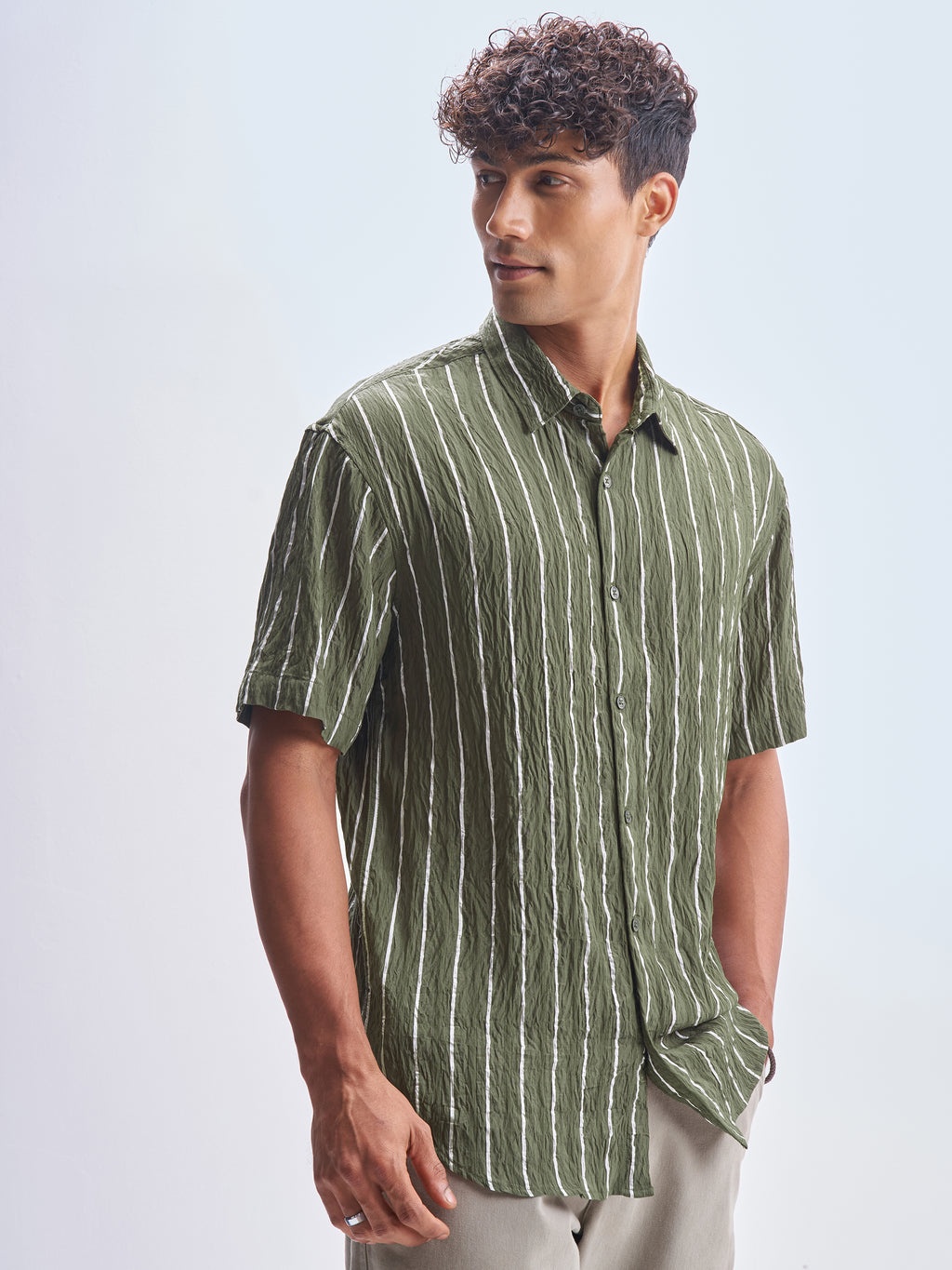 Highlander Men Olive Striped Relaxed Fit Casual Shirt - Olive - Image 6