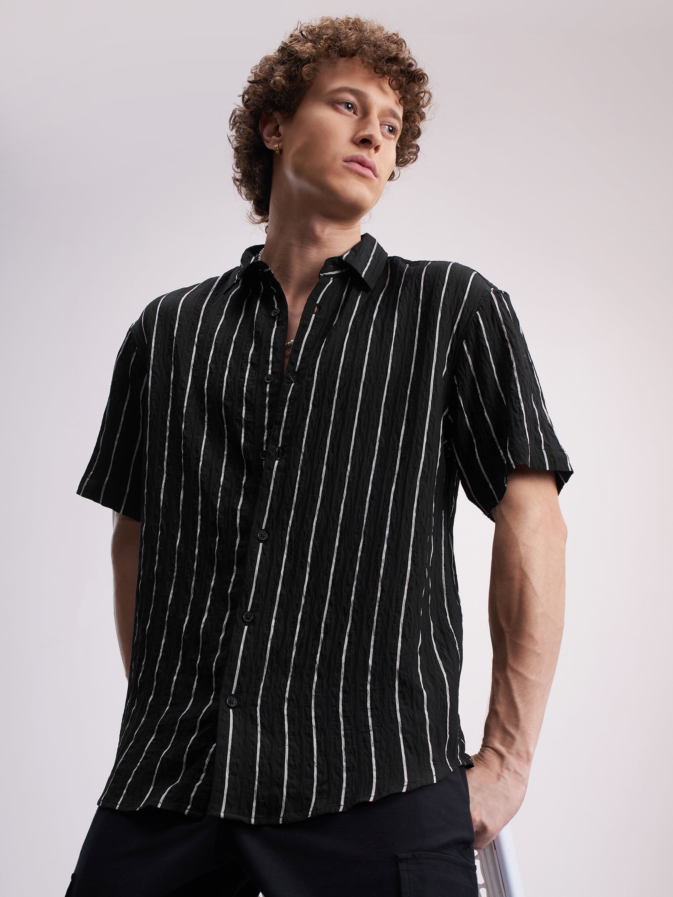 Highlander Men Black Striped Relaxed Fit Casual Shirt - Black - Image 1
