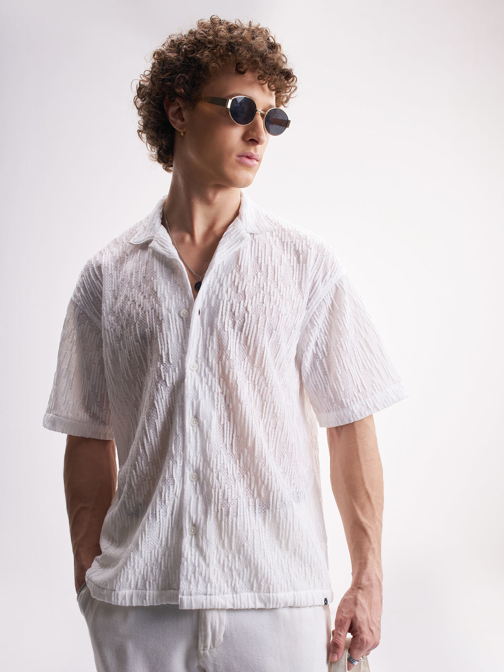 Highlander Men White Self Design Relaxed Fit Casual Shirt - White - Image 1
