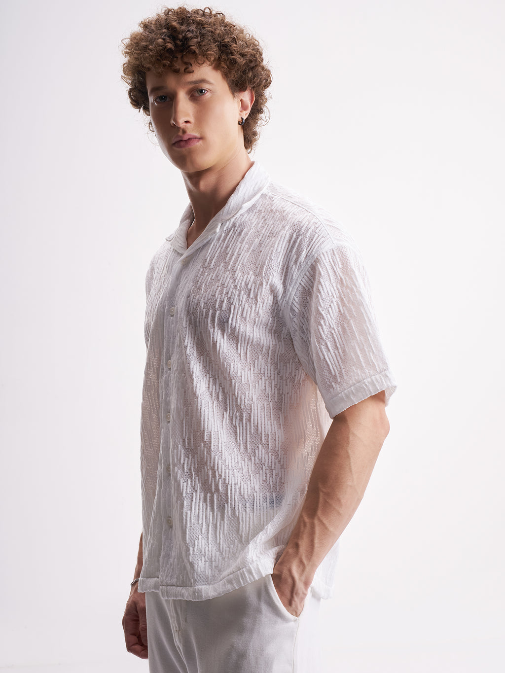 Highlander Men White Self Design Relaxed Fit Casual Shirt - White - Image 4
