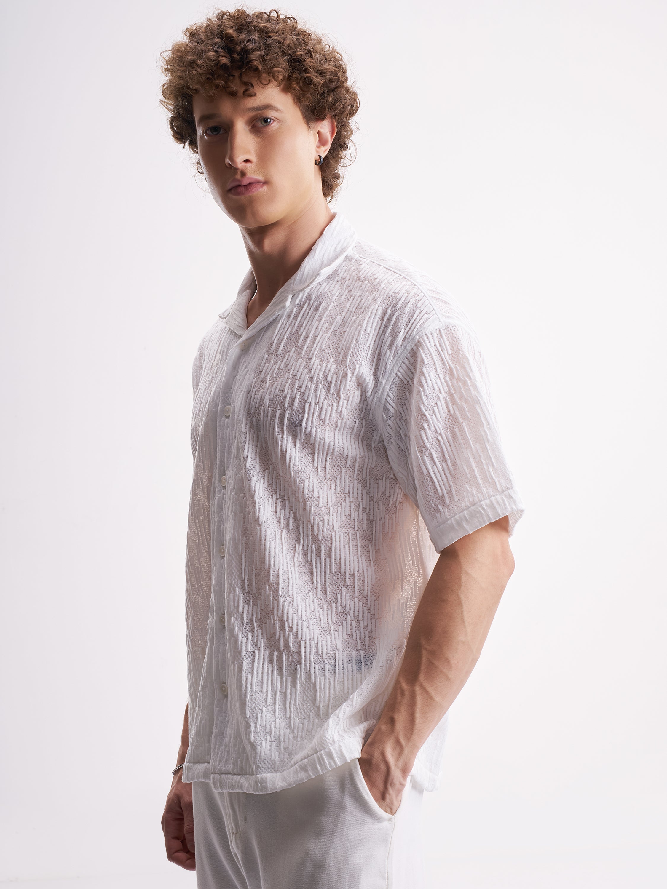 Highlander Men White Self Design Relaxed Fit Casual Shirt - White - Image 4