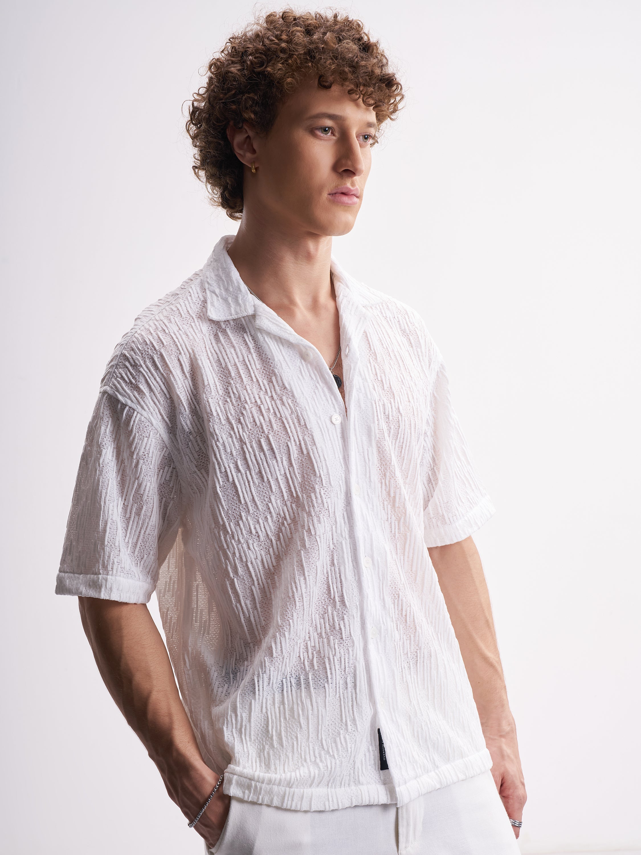 Highlander Men White Self Design Relaxed Fit Casual Shirt - White - Image 6