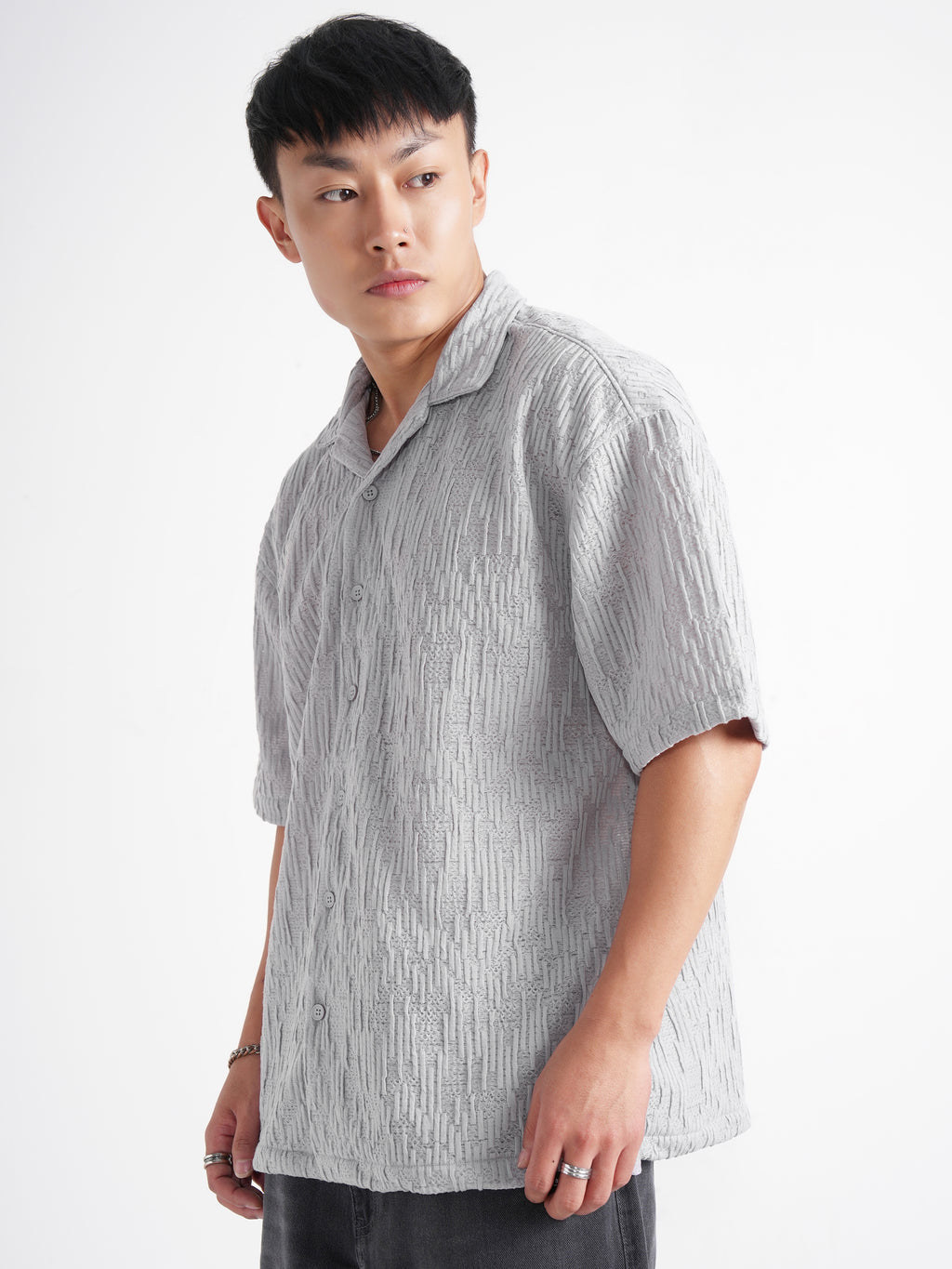 Highlander Men Grey Self Design Relaxed Fit Casual Shirt - Grey - Image 4