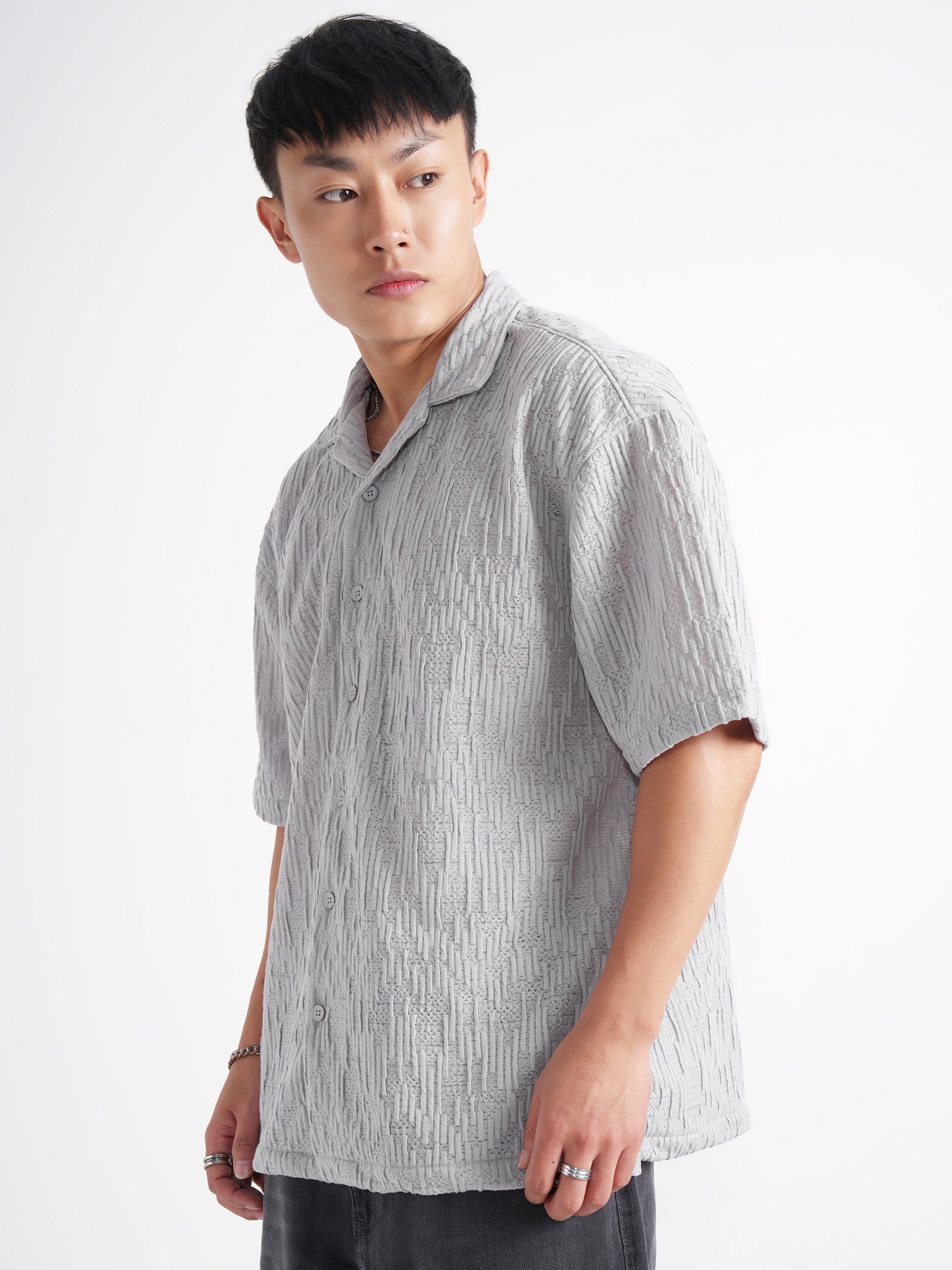 Highlander Men Grey Self Design Relaxed Fit Casual Shirt - Grey - Image 4