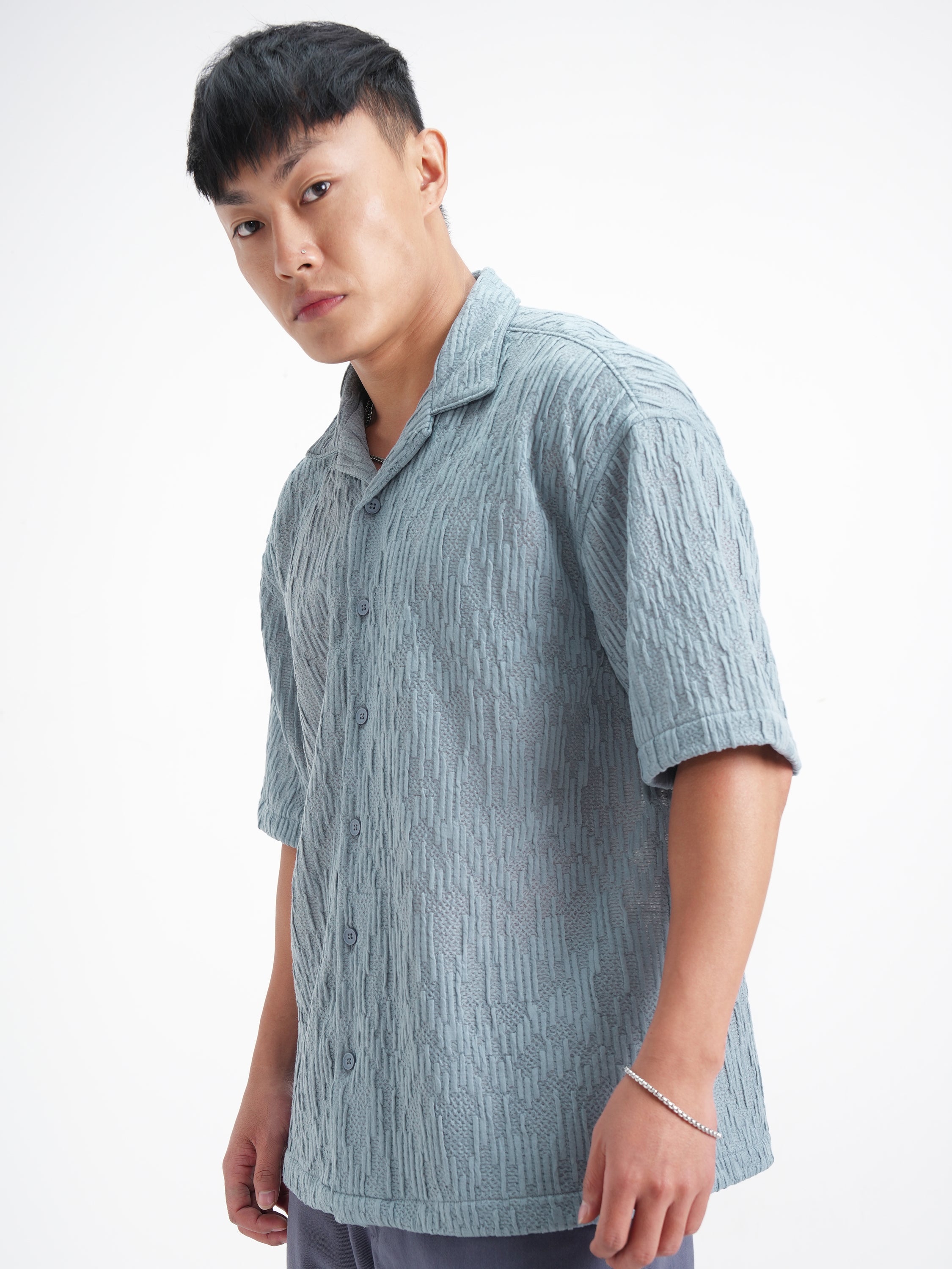 Highlander Men Blue Crushed Relaxed Fit Casual Shirt - Blue - Image 4