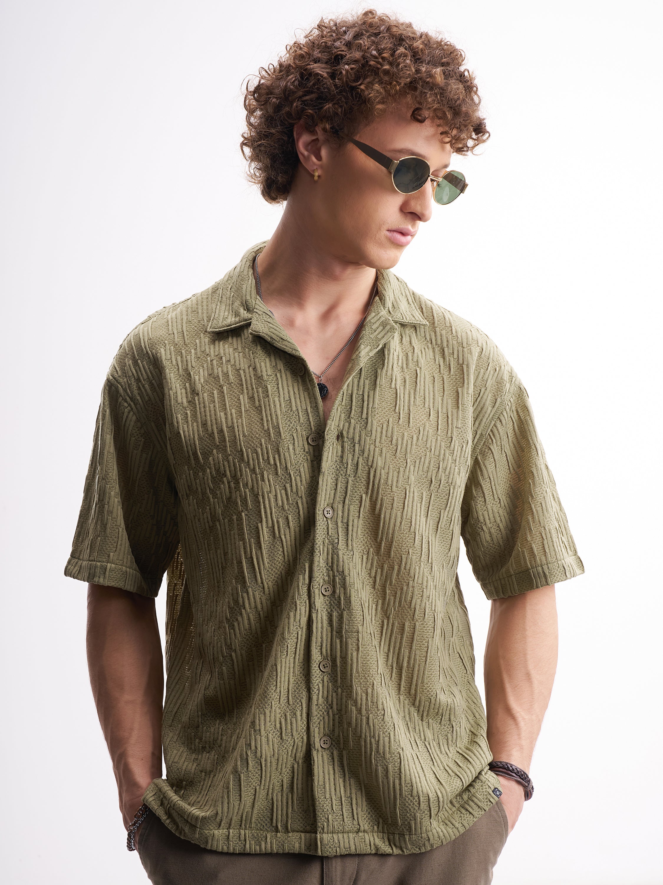 Highlander Men Olive Self Design Relaxed Fit Casual Shirt - Olive - Image 1