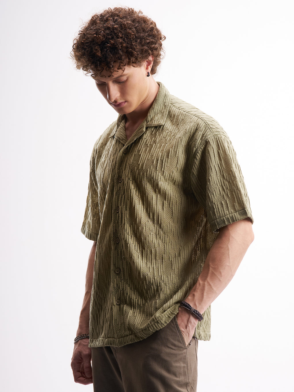 Highlander Men Olive Self Design Relaxed Fit Casual Shirt - Olive - Image 4