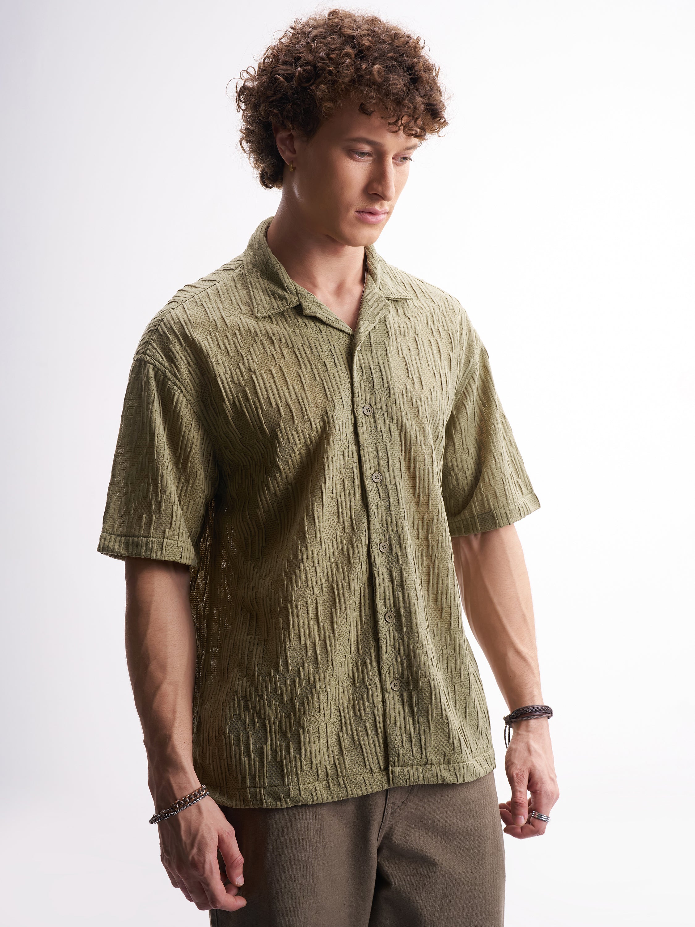 Highlander Men Olive Self Design Relaxed Fit Casual Shirt - Olive - Image 6