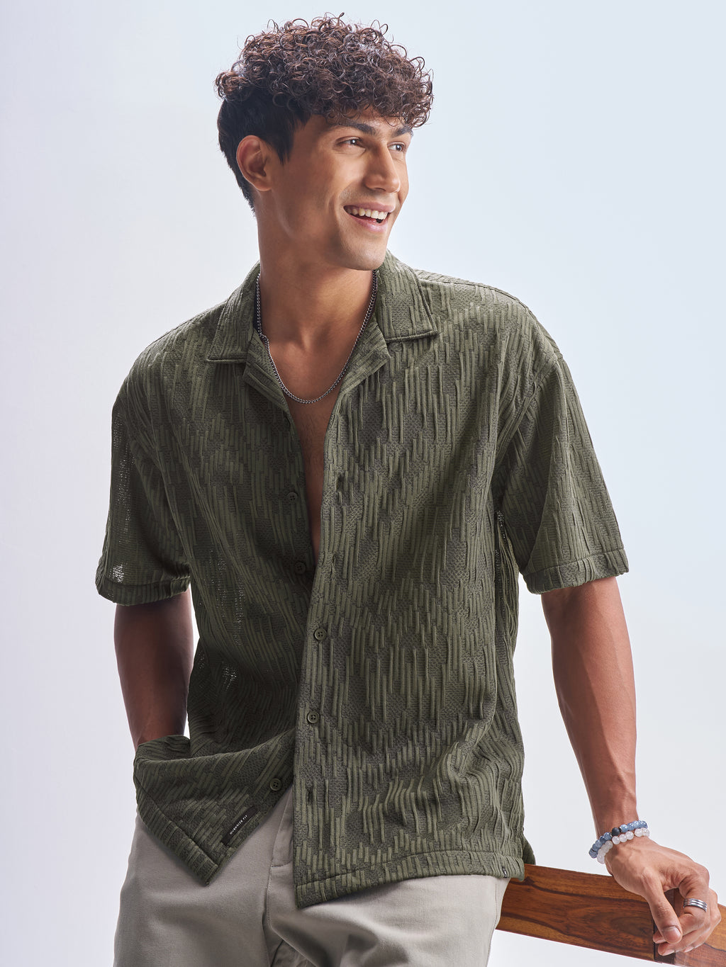 Highlander Men Green Crushed Relaxed Fit Casual Shirt - Green - Image 1