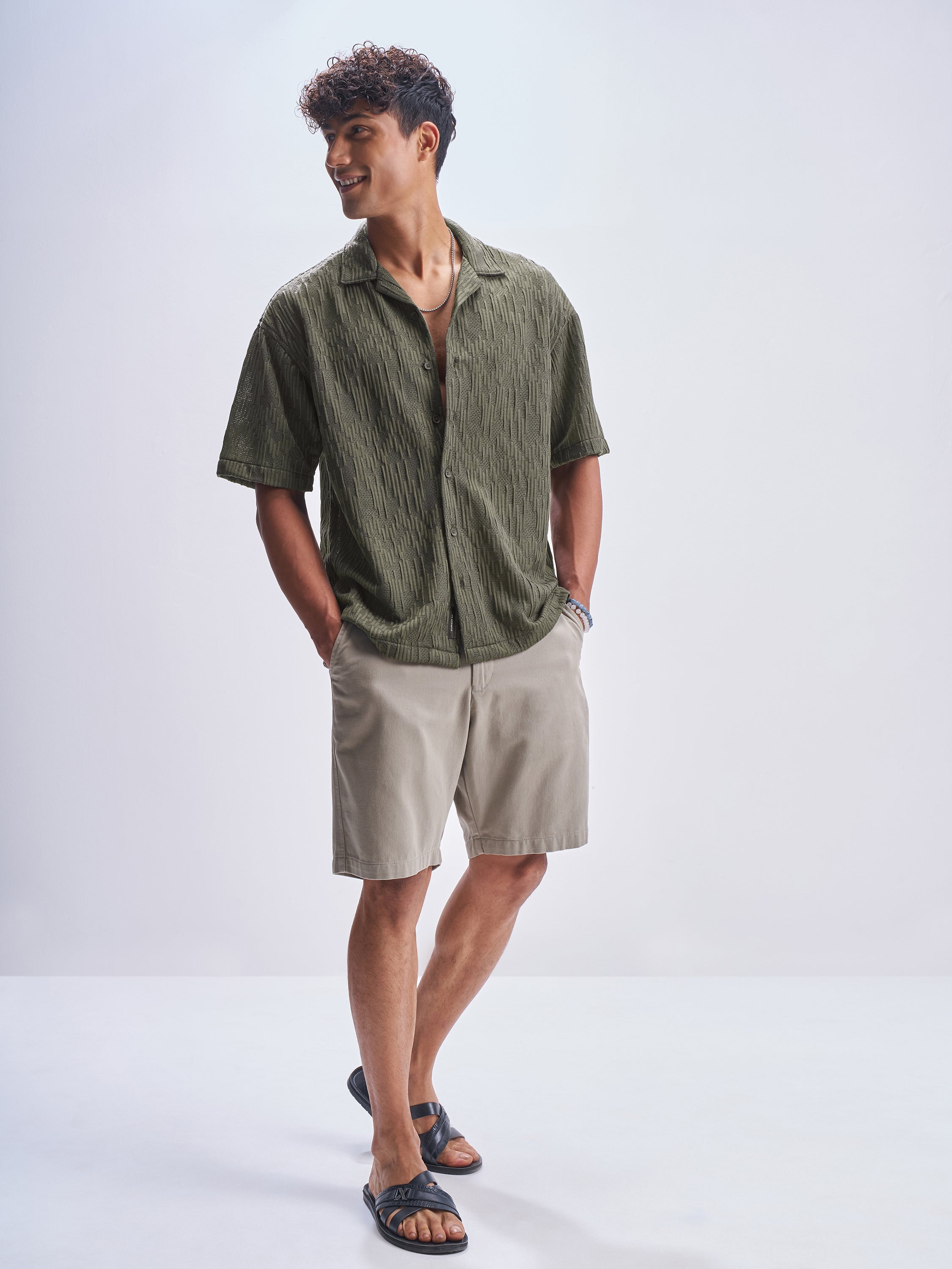 Highlander Men Green Crushed Relaxed Fit Casual Shirt - Green - Image 2