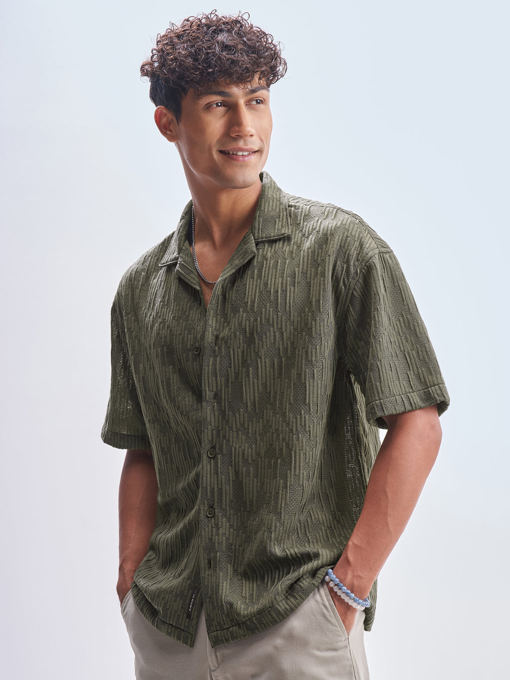 Highlander Men Green Crushed Relaxed Fit Casual Shirt - Green - Image 4