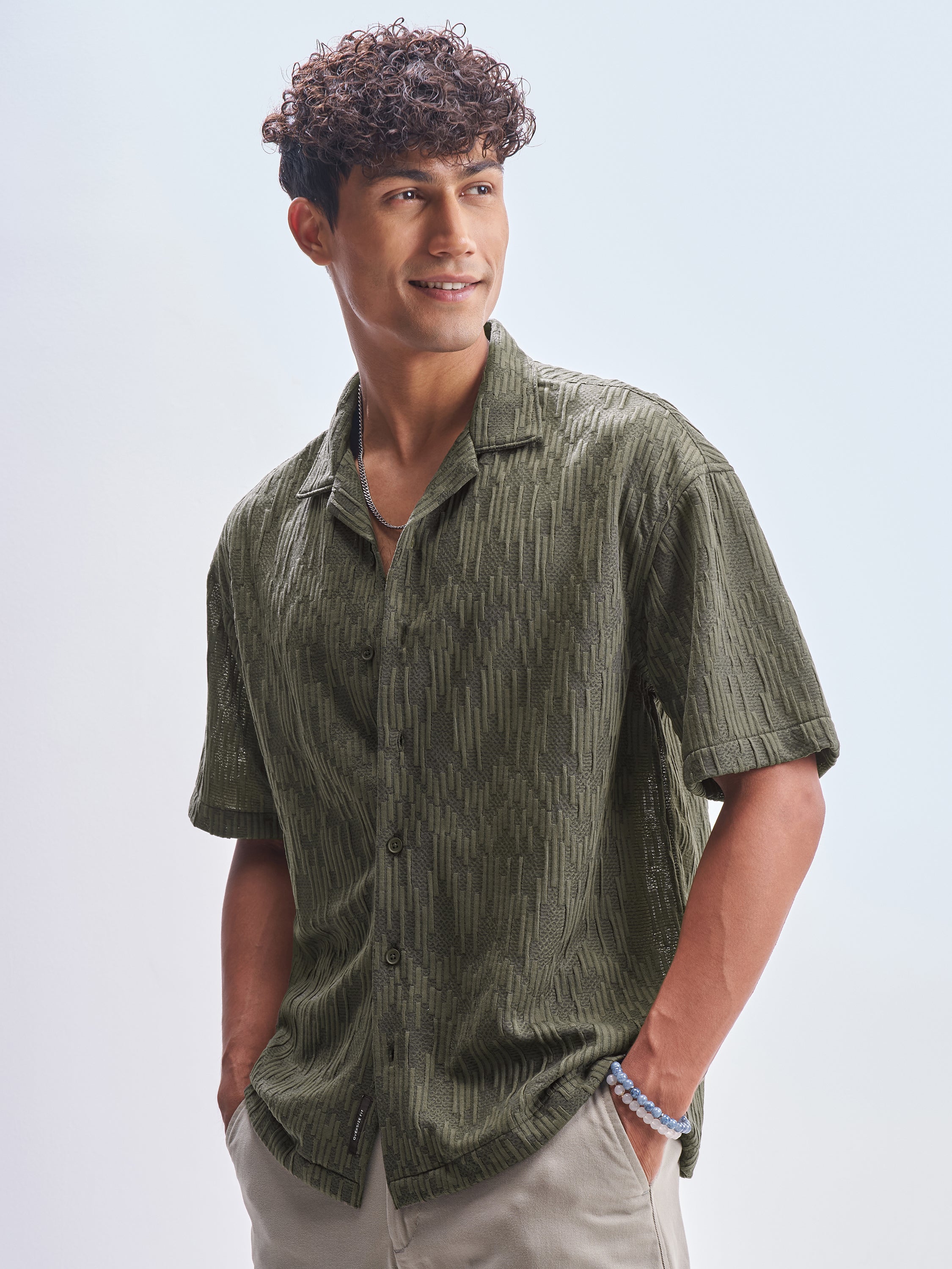 Highlander Men Green Crushed Relaxed Fit Casual Shirt - Green - Image 4