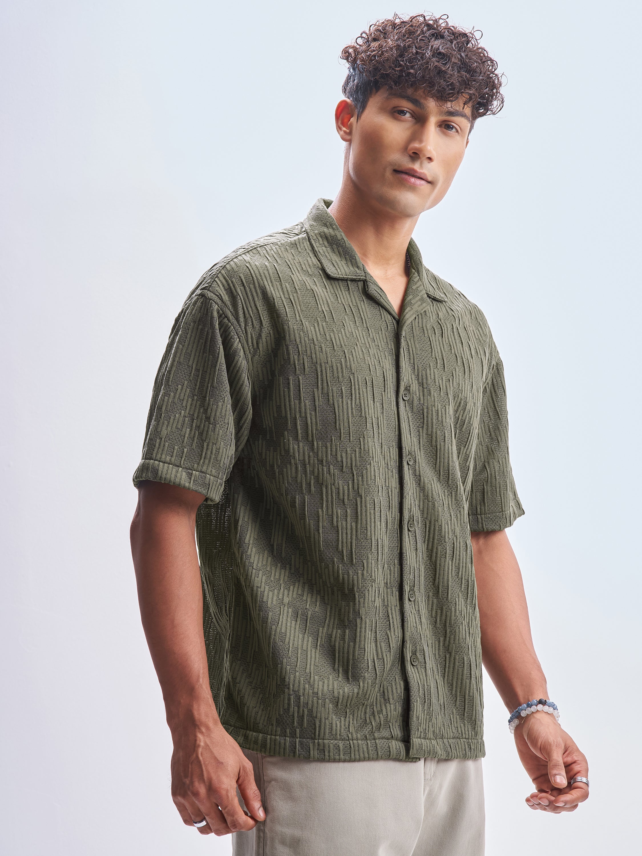 Highlander Men Green Crushed Relaxed Fit Casual Shirt - Green - Image 6