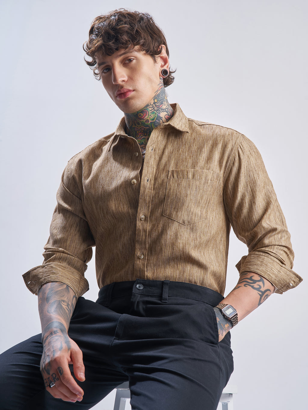 Highlander Men Khaki Self Design Relaxed Fit Casual Shirt - Khaki - Image 1