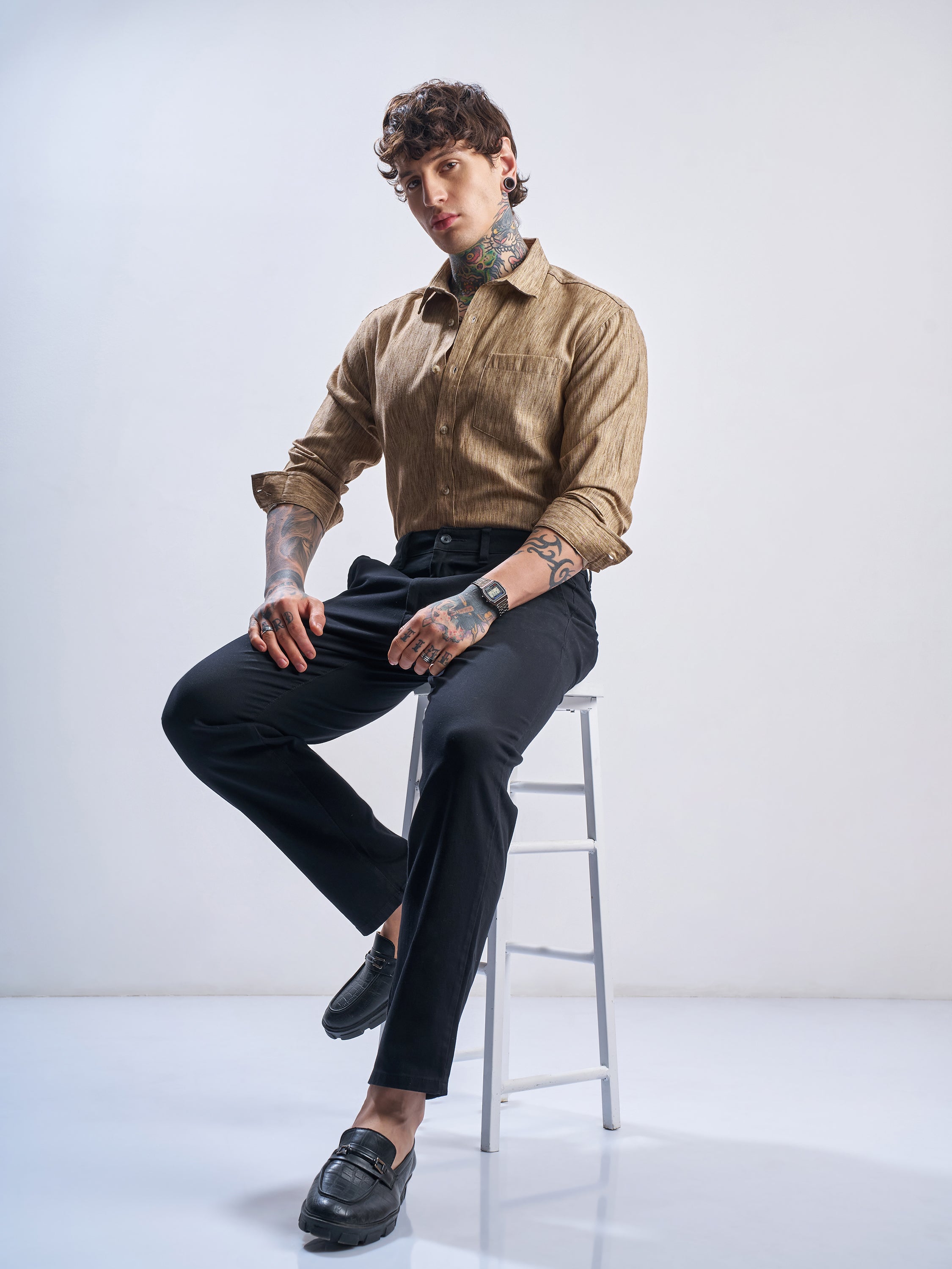 Highlander Men Khaki Self Design Relaxed Fit Casual Shirt - Khaki - Image 2