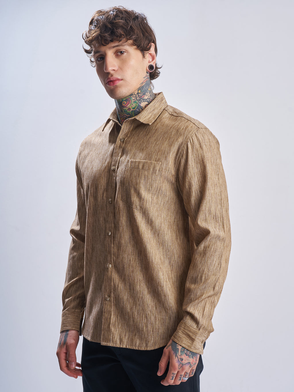Highlander Men Khaki Self Design Relaxed Fit Casual Shirt - Khaki - Image 4