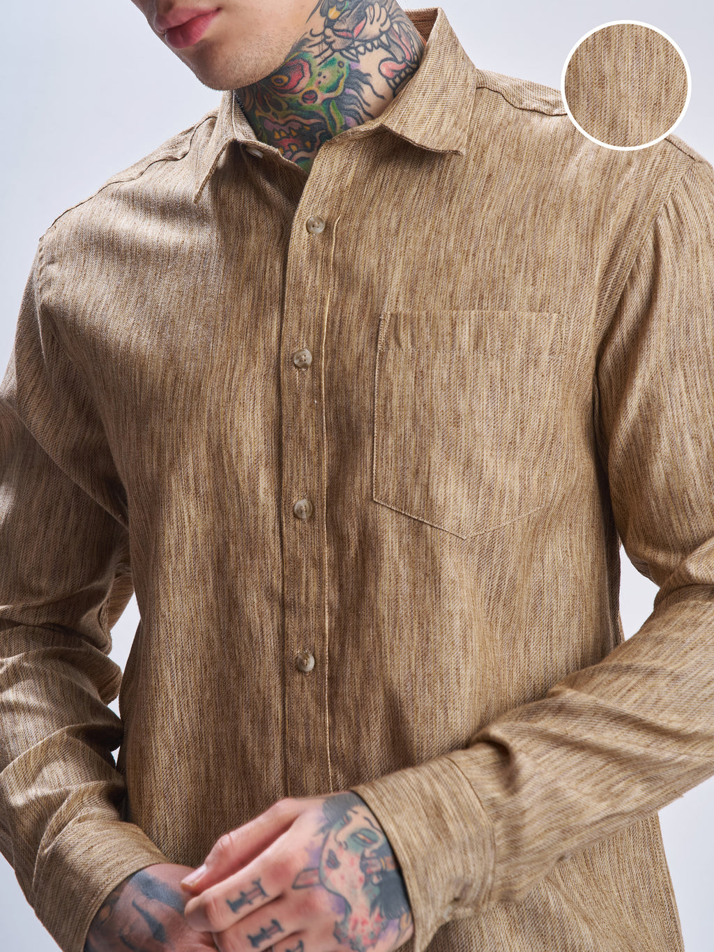 Highlander Men Khaki Self Design Relaxed Fit Casual Shirt - Khaki - Image 5