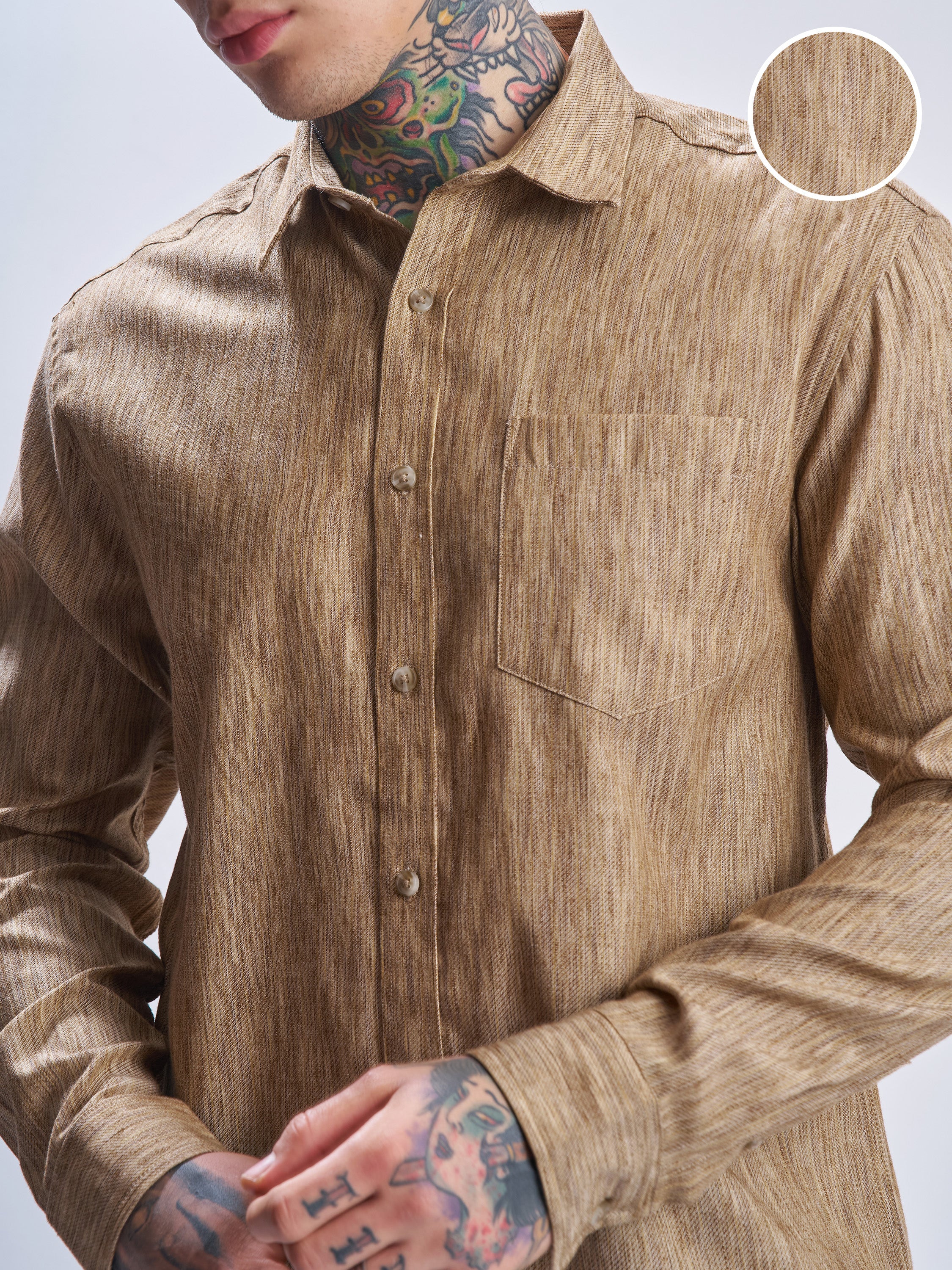 Highlander Men Khaki Self Design Relaxed Fit Casual Shirt - Khaki - Image 5