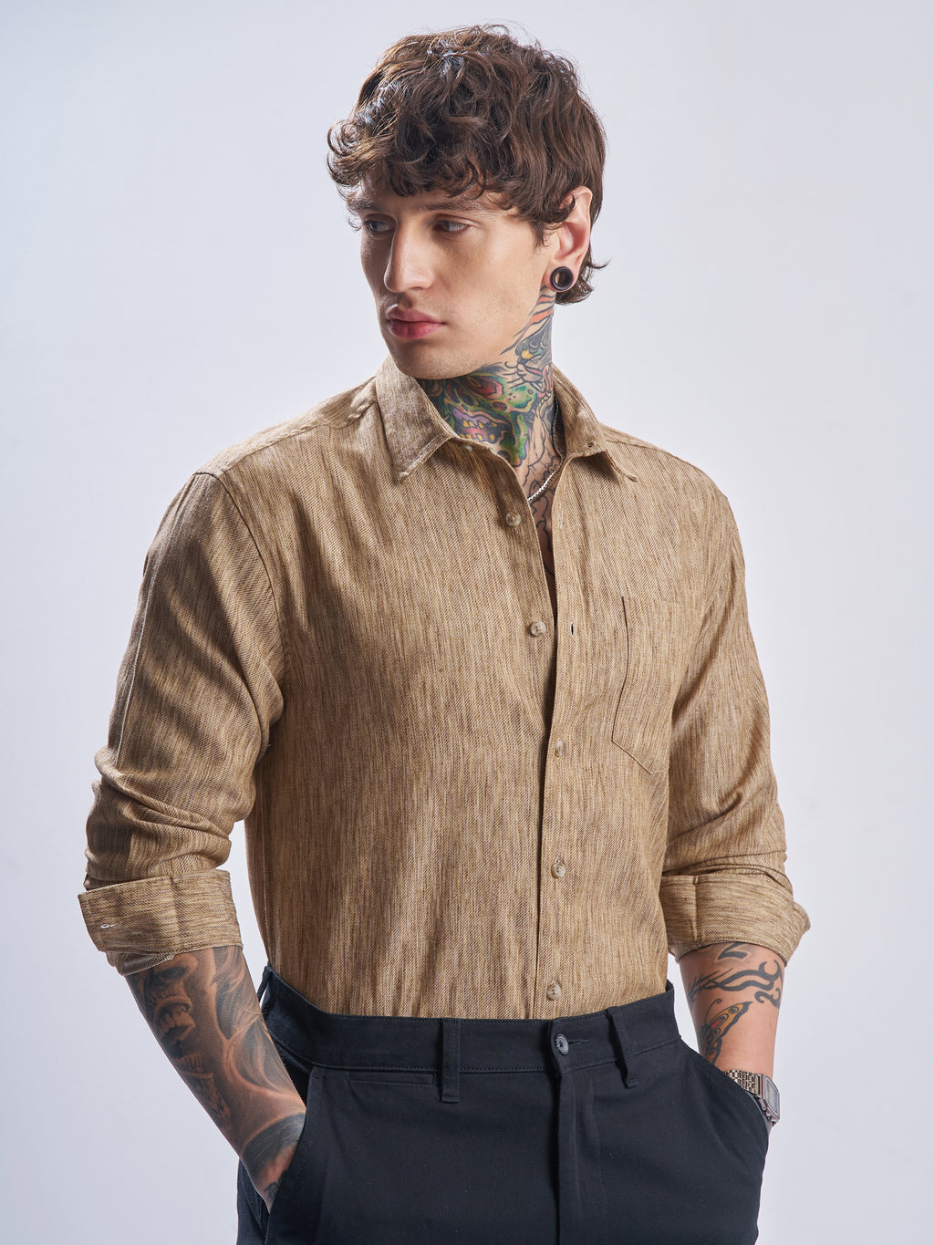 Highlander Men Khaki Self Design Relaxed Fit Casual Shirt - Khaki - Image 6