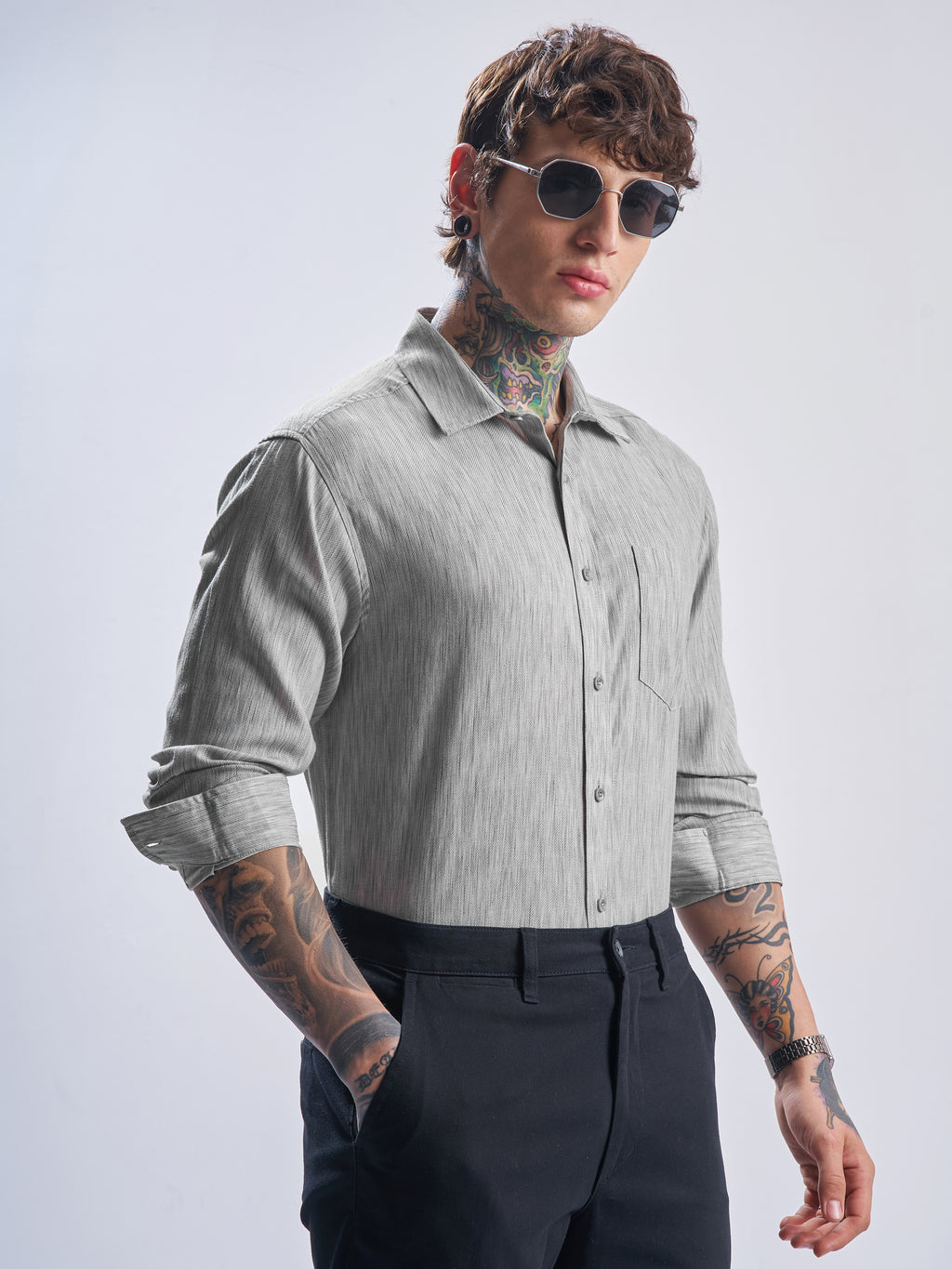 Highlander Men Grey Self Design Relaxed Fit Casual Shirt - Grey - Image 6